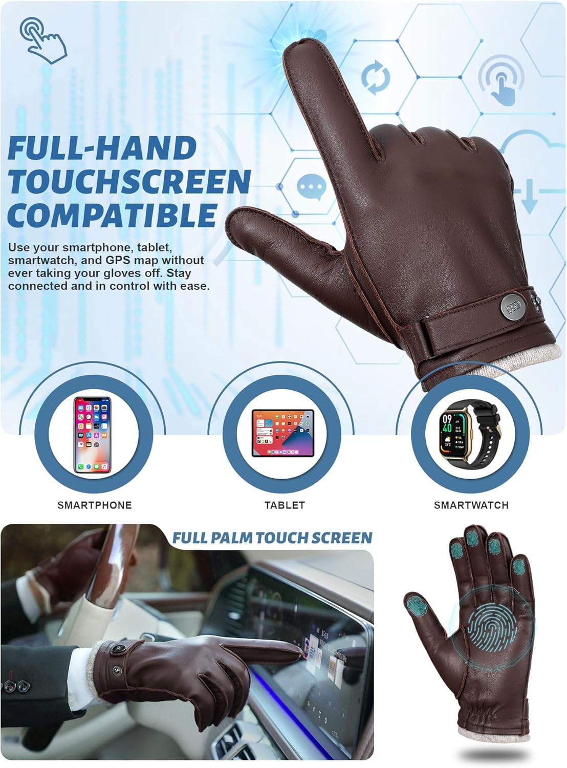 GSG leather gloves for men Sheepskin Classic Driving Gloves Winter Touchscreen Wool Lined Warm Gloves - Image 3