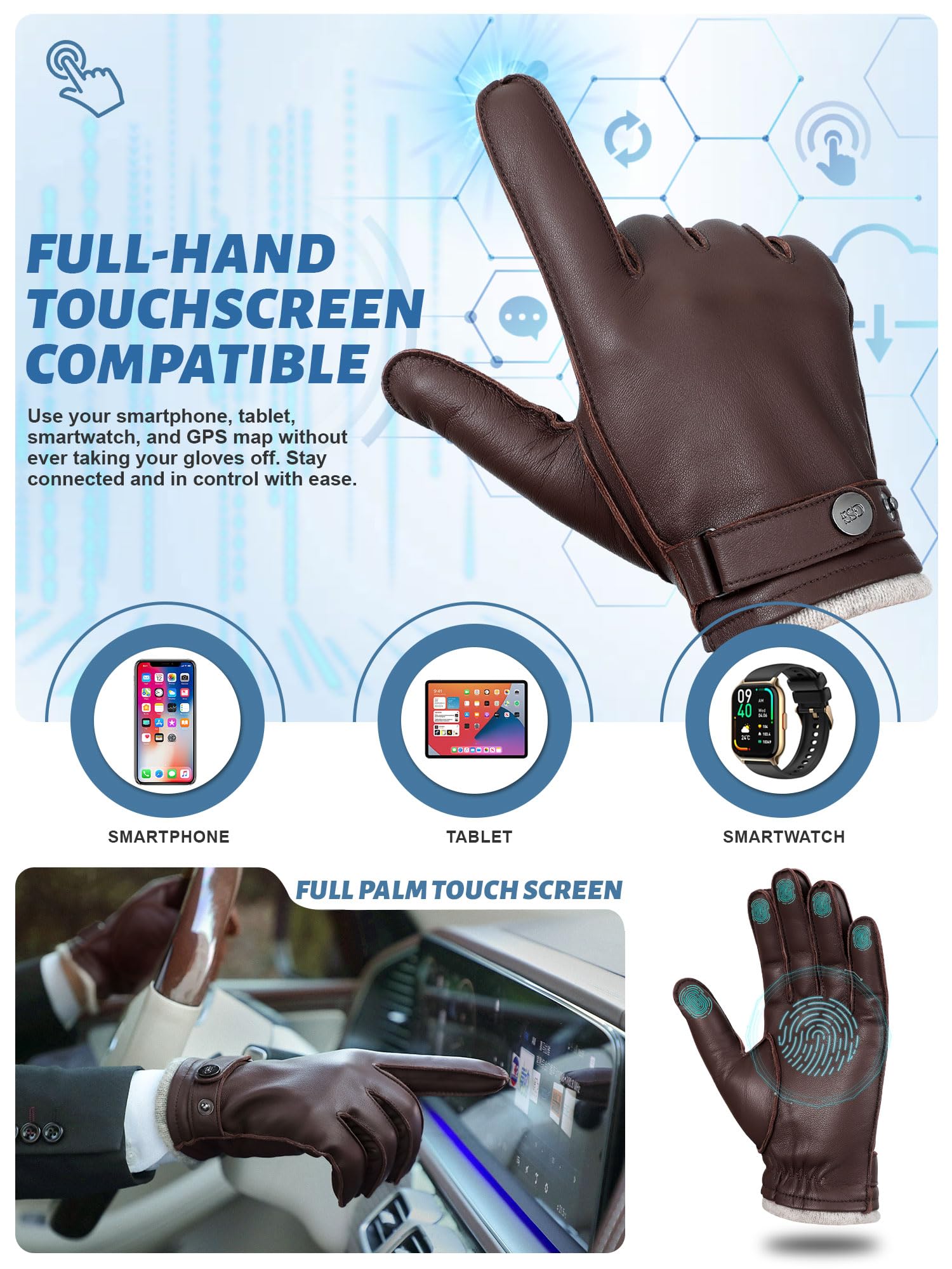 GSG SINCE 1998 Guantes de Cuero Hombre | Piel de Oveja, Compatibles con Pantalla Táctil, Forro de Lana, Guantes de Invierno Cálidos para