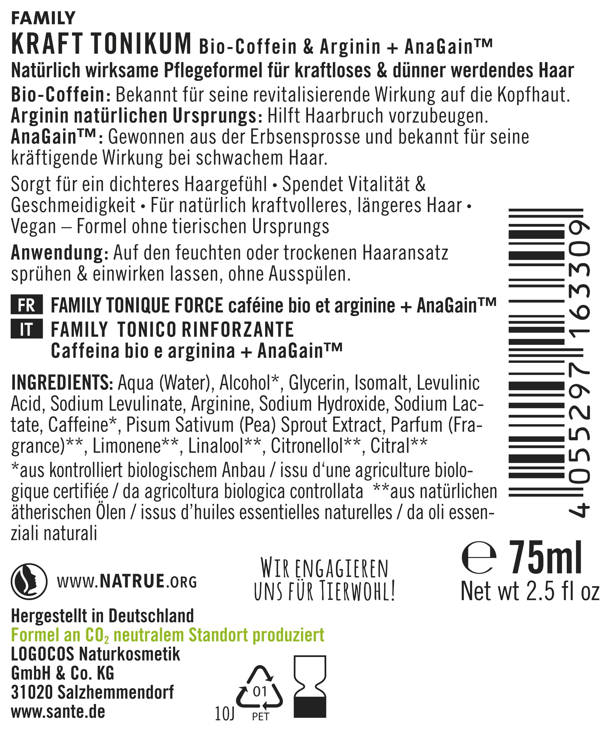 SANTE Naturkosmetik Spray rinforzante contro la perdita dei capelli, trattamento del cuoio capelluto per capelli sani e pieni con caffeina biologica, arginina e anaGin, tonico per capelli, 1 x 75 ml