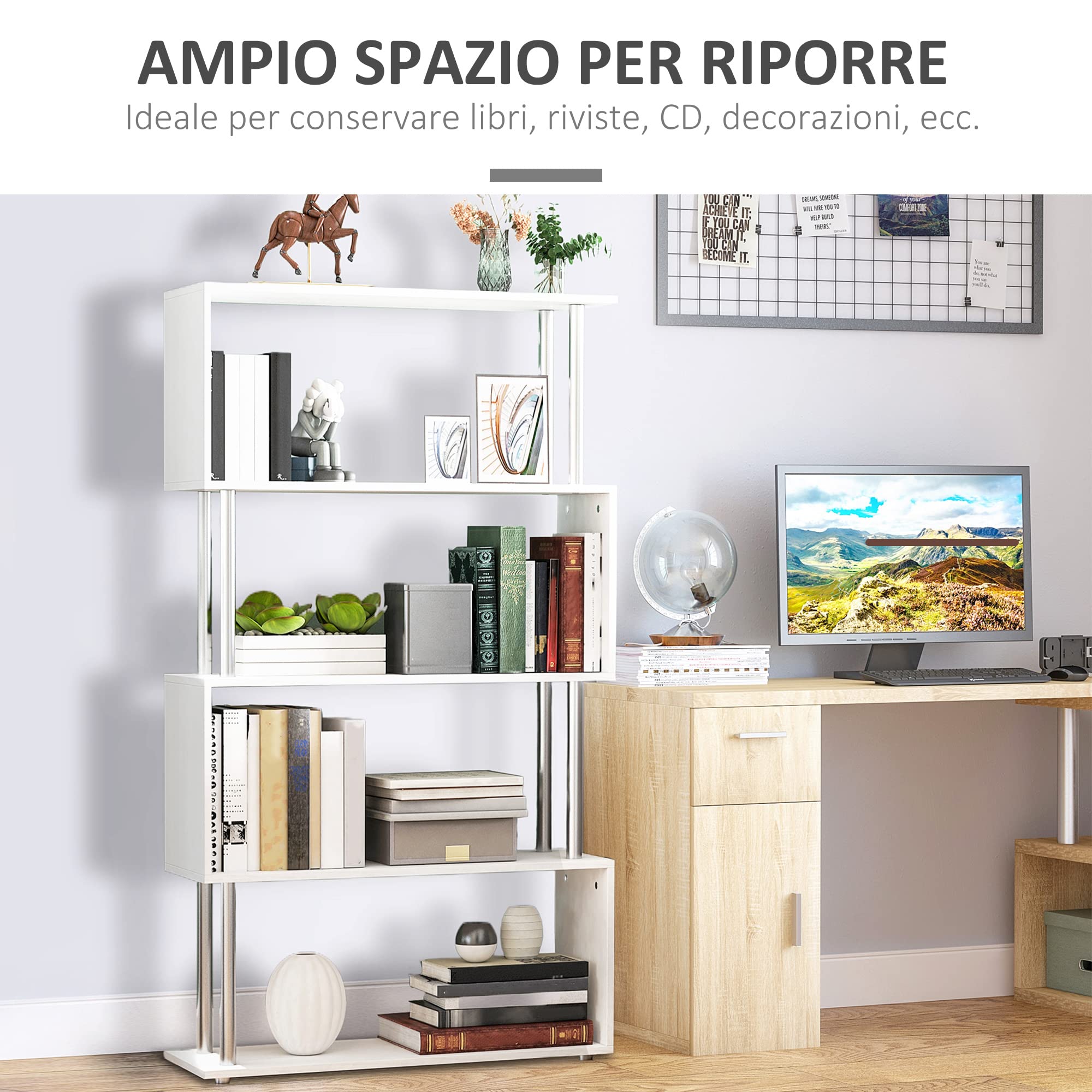 Libreria angolare 90°, legno, 175 cm, bianco, per camera da letto, studio, soggiorno, ufficio