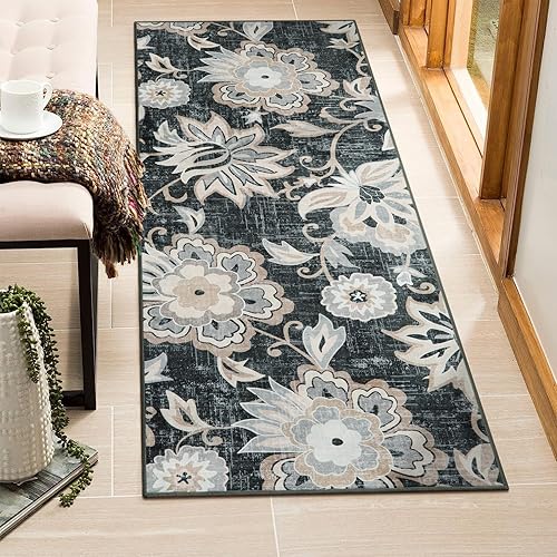 Miniatura 7 de Beeiva Alfombra lavable floral de 2 x 6 pies, con respaldo de goma, antideslizante, ultrafina, ligera, para dormitorio, entrada, lavandería (azul, 2
