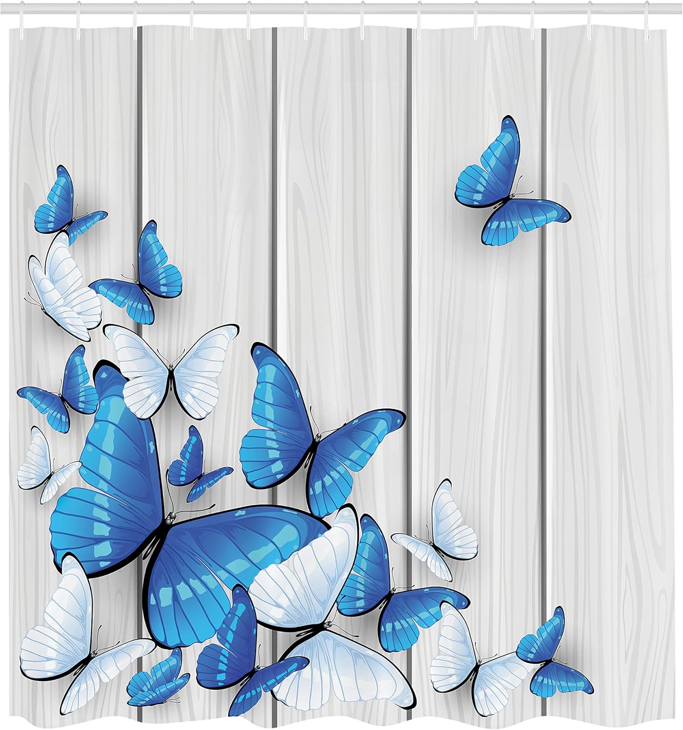 Ambesonne Butterflies Shower Curtain, Blue and White Butterflies on Wooden Background Timber Wall Rustic Life, Cloth Fabric Bathroom Decor Set with Hooks, 69" W x 70" L, Grey White Blue
