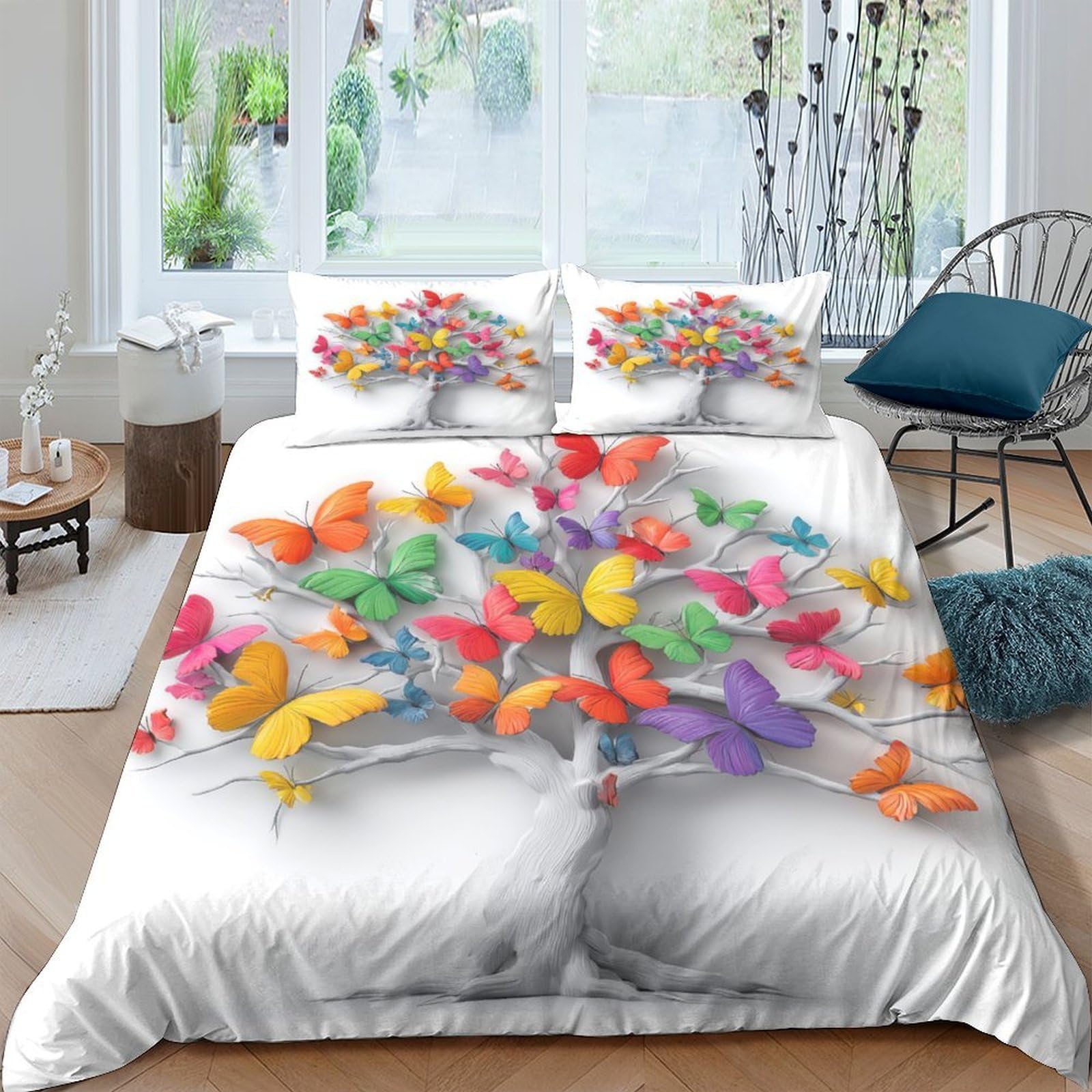 Ctjqhvkz Style-3 3D Printed Colorful Butterfly Fitted Sheet Microfiber Soft Bedroom Decor Rainbow Floral Bed Cover For Home Dorm Single（135X200cm）