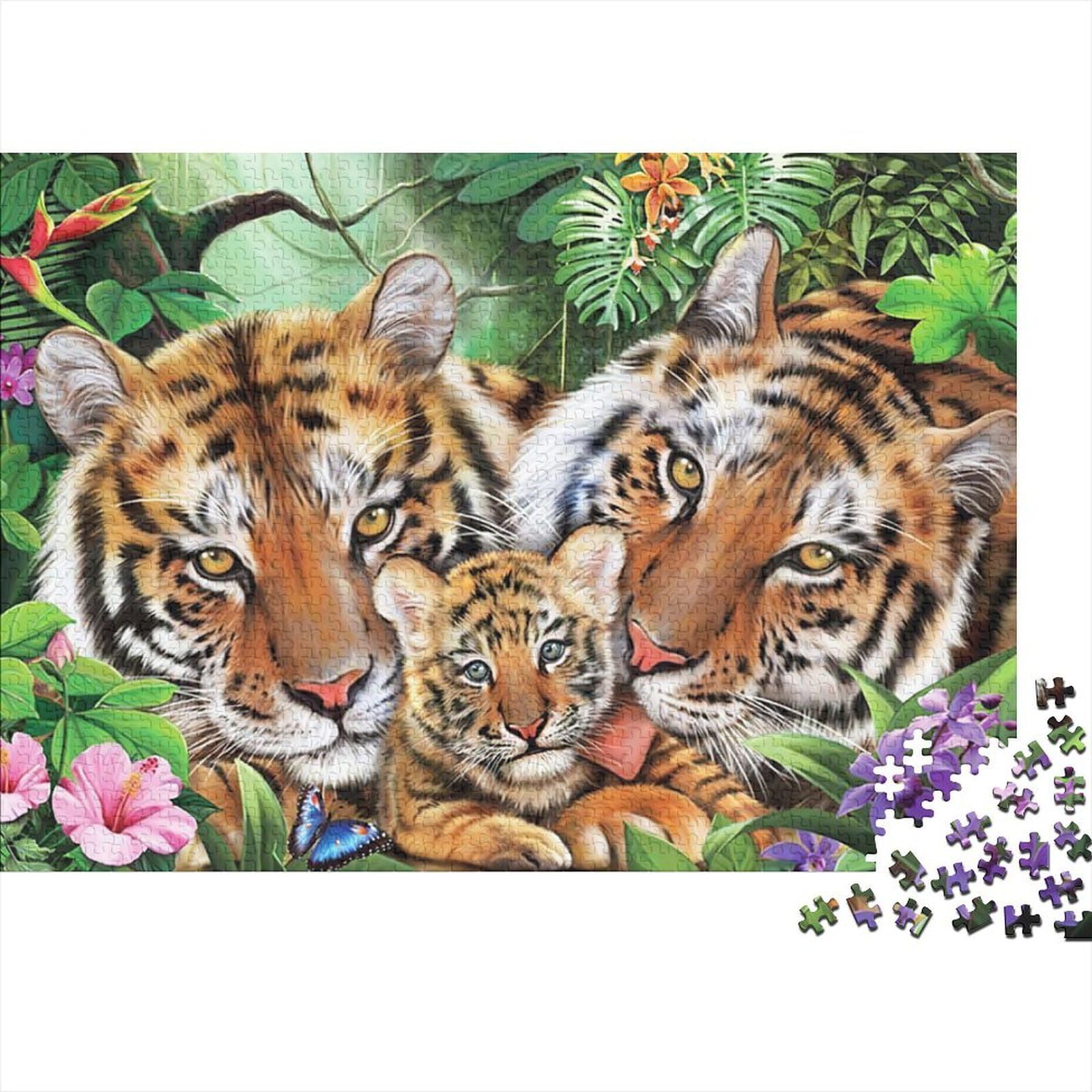 Tiger Family 1000 Piece Premium Cardboard Jungle Wildlife Art Jigsaw for Adults, Educational Challenge, Birthday Gift & Home Activity, Vibrant Colours for Family Lovers 52x38cm/1000pcs