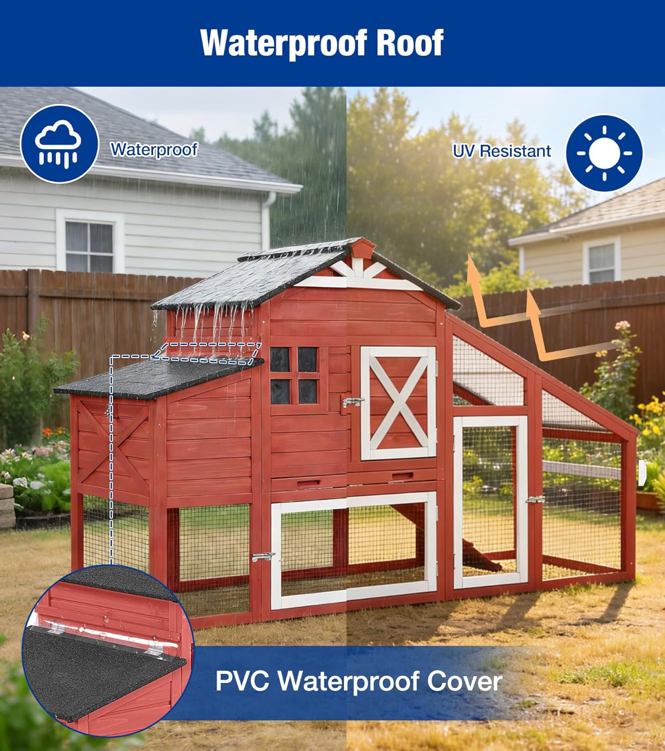 Mobile Chicken Coop with Run Outdoor Hen House with Slide-Out Tray Waterproof Roof Large Nesting Box 2 Perches Non-Slip Ramp Red