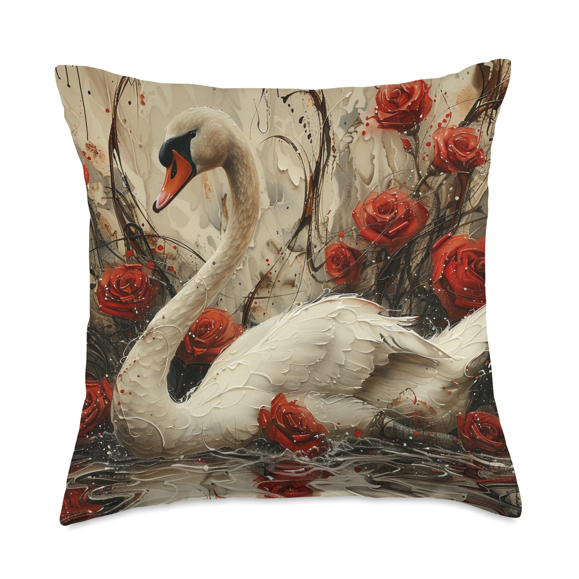 Swan Aesthetic Red Rose Flower Van Gogh Style Throw Pillow