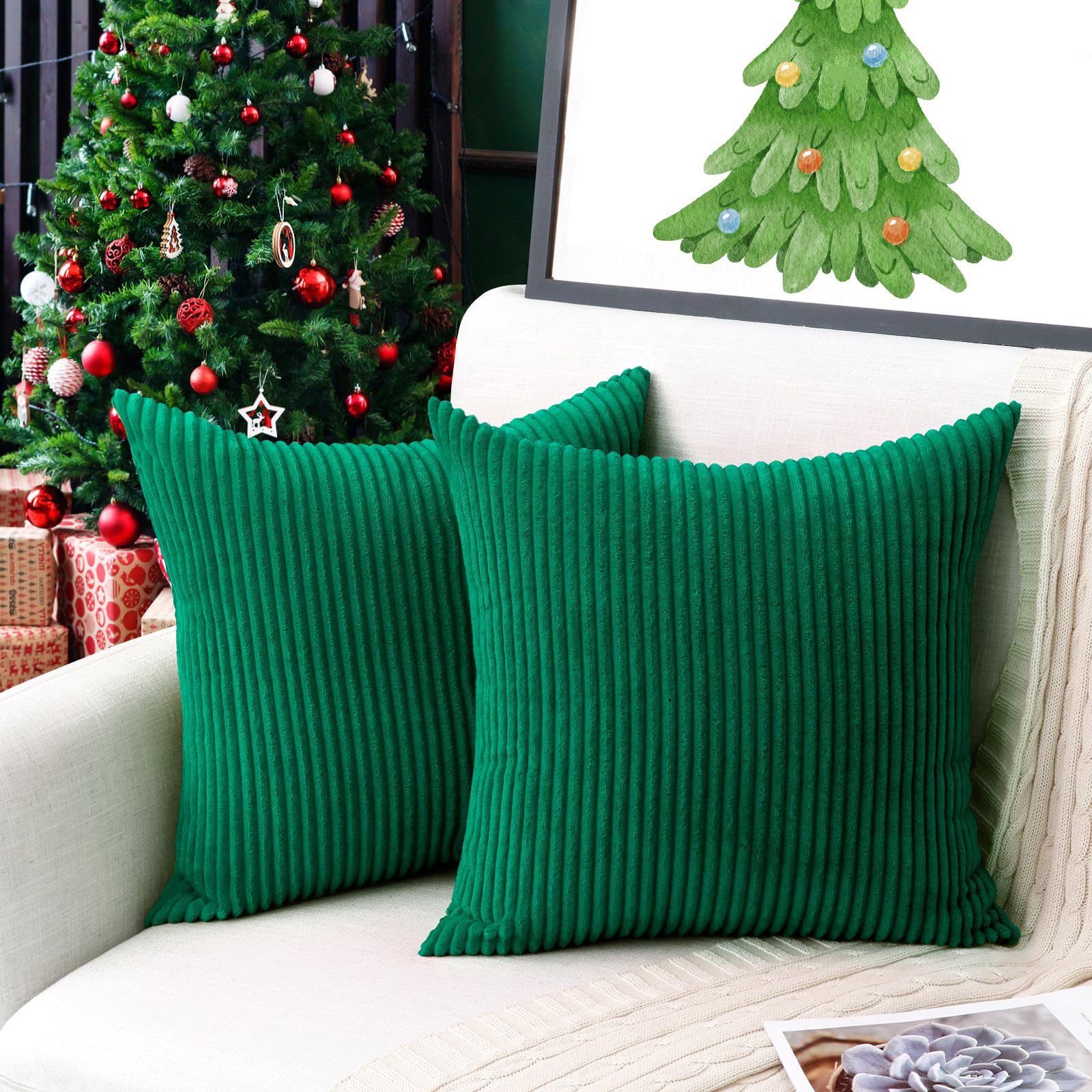 Thmyo Pack of 2 Corduroy Soft Decorative Throw Pillow Covers Striped Square Cushion Cases Christmas Pillowcases for Sofa Couch Bed Chair Home