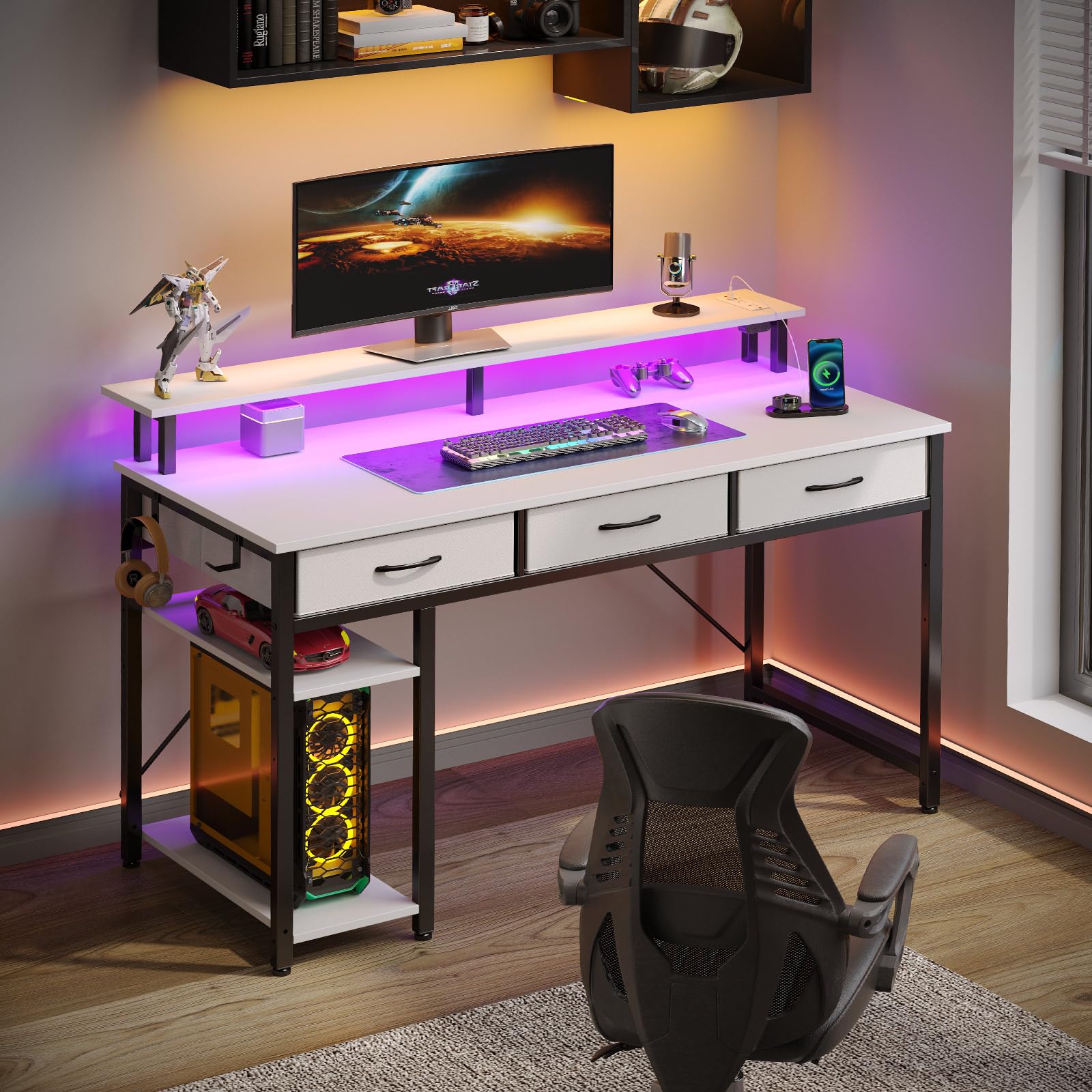 Rolanstar Bureau avec Rangement 100 cm - Table Ado 3 Tiroirs LED RGB Prises de Courant, Blanc
