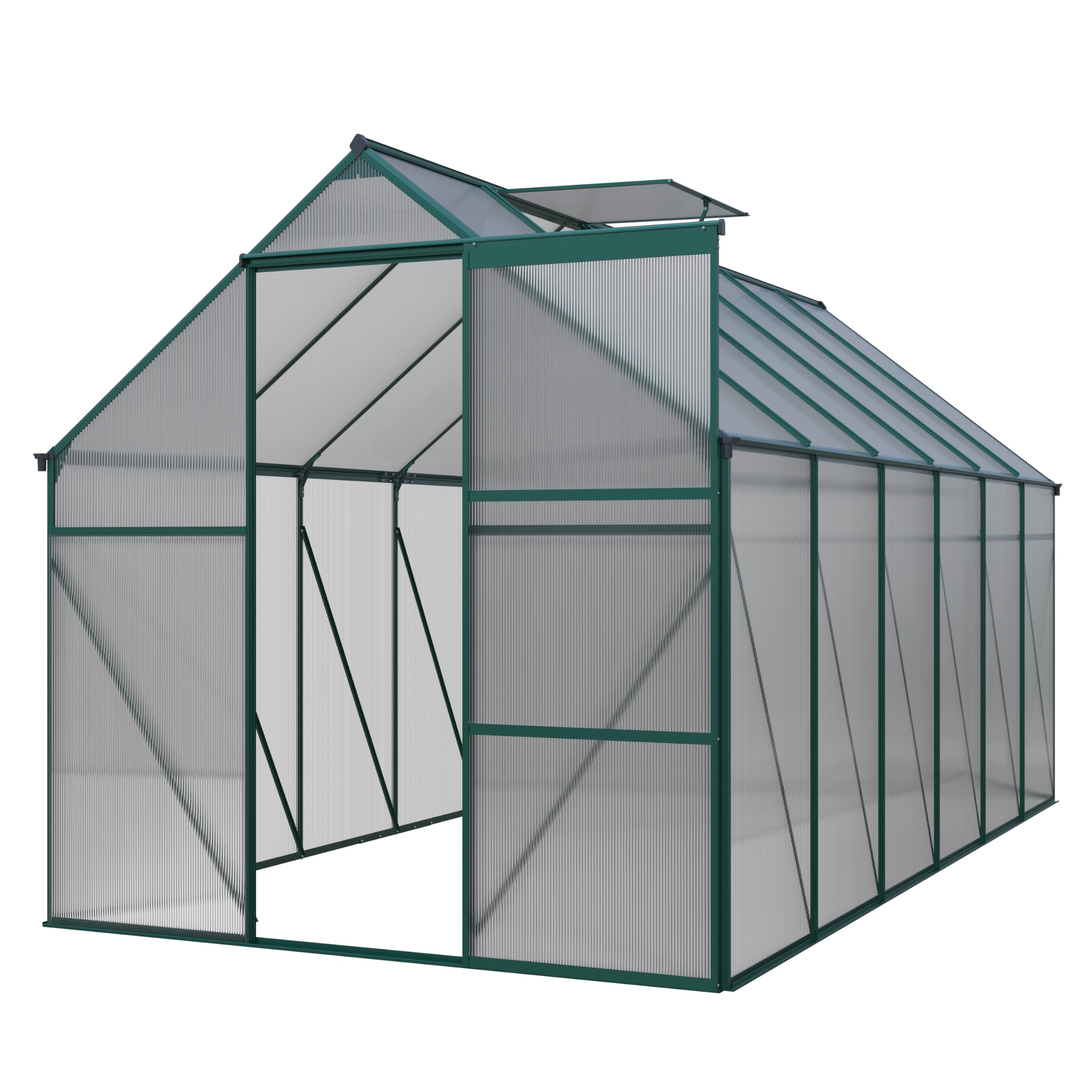 Gewächshaus aus Polycarbonat, 371 x 190 x 193 cm, grüne Aluminiumprofile und Schiebetür