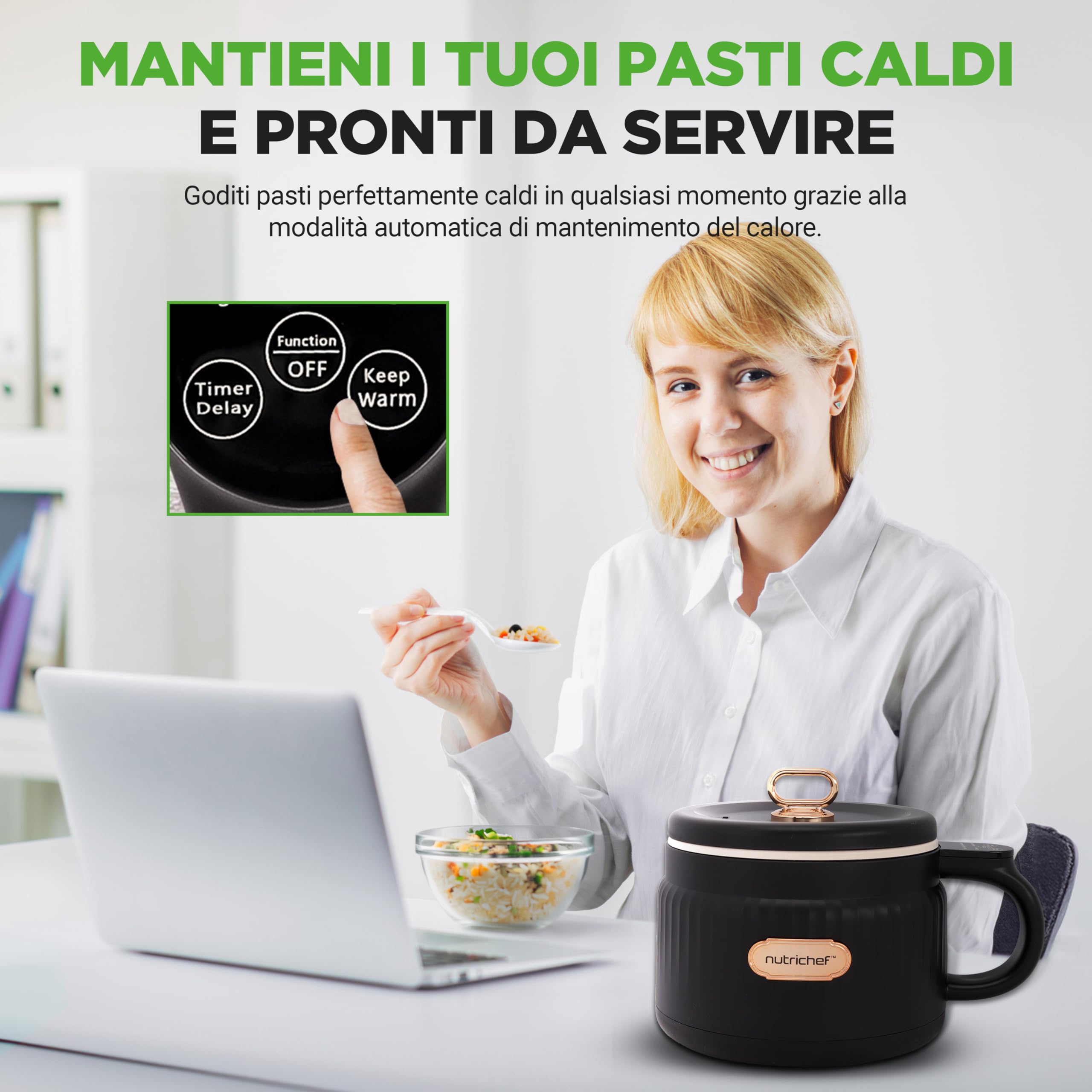 NutriChef Cuoci Riso Elettrico 1,5 Litri, Multi-Funzione con Rivestimento Antiaderente in Ceramica, Pannello Digitale, 6 Funzioni: Riso, Zuppe, Stufati, Porridge Istantaneo, Nero