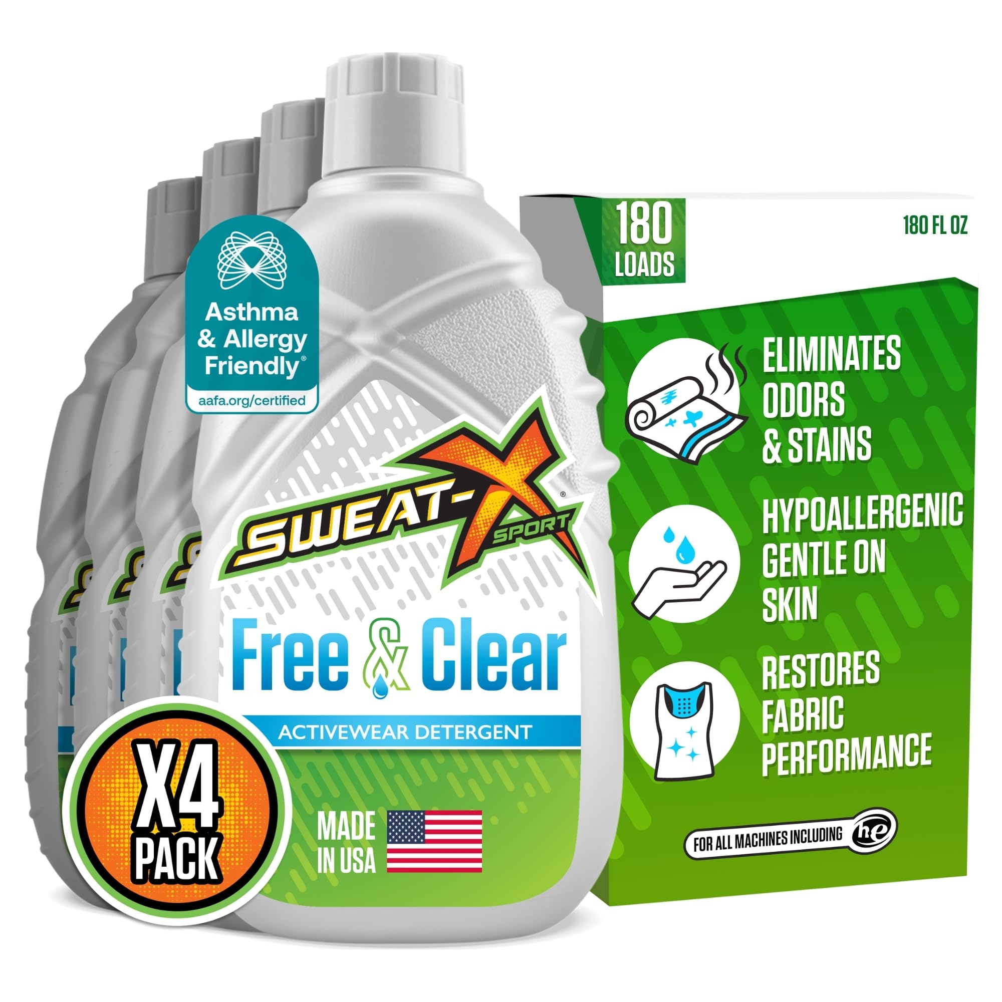 SWEAT X Free & Clear Laundry Detergent Liquid - Natural Non Toxic Laundry Detergent for Sensitive Skin - Gentle Washing Detergent for Activewear & Performance Fabrics - 45 Loads/Bottle, 4 Bottles