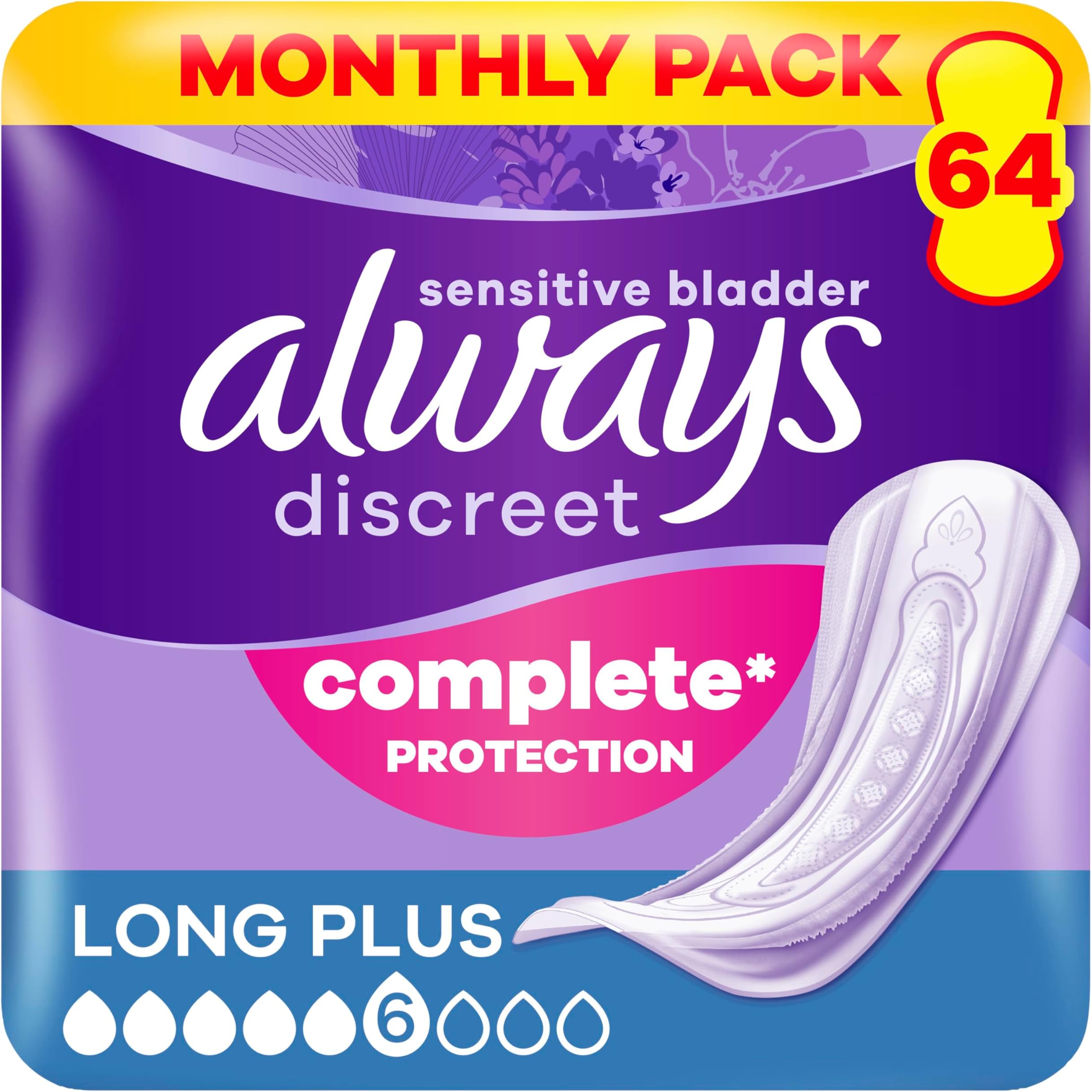 Long Plus Incontinence Pads 64 Pads (4 x 16 Pack) Monthly Pack, Discreet Protection & High Absorbency, Odour Control (Packaging May Vary)