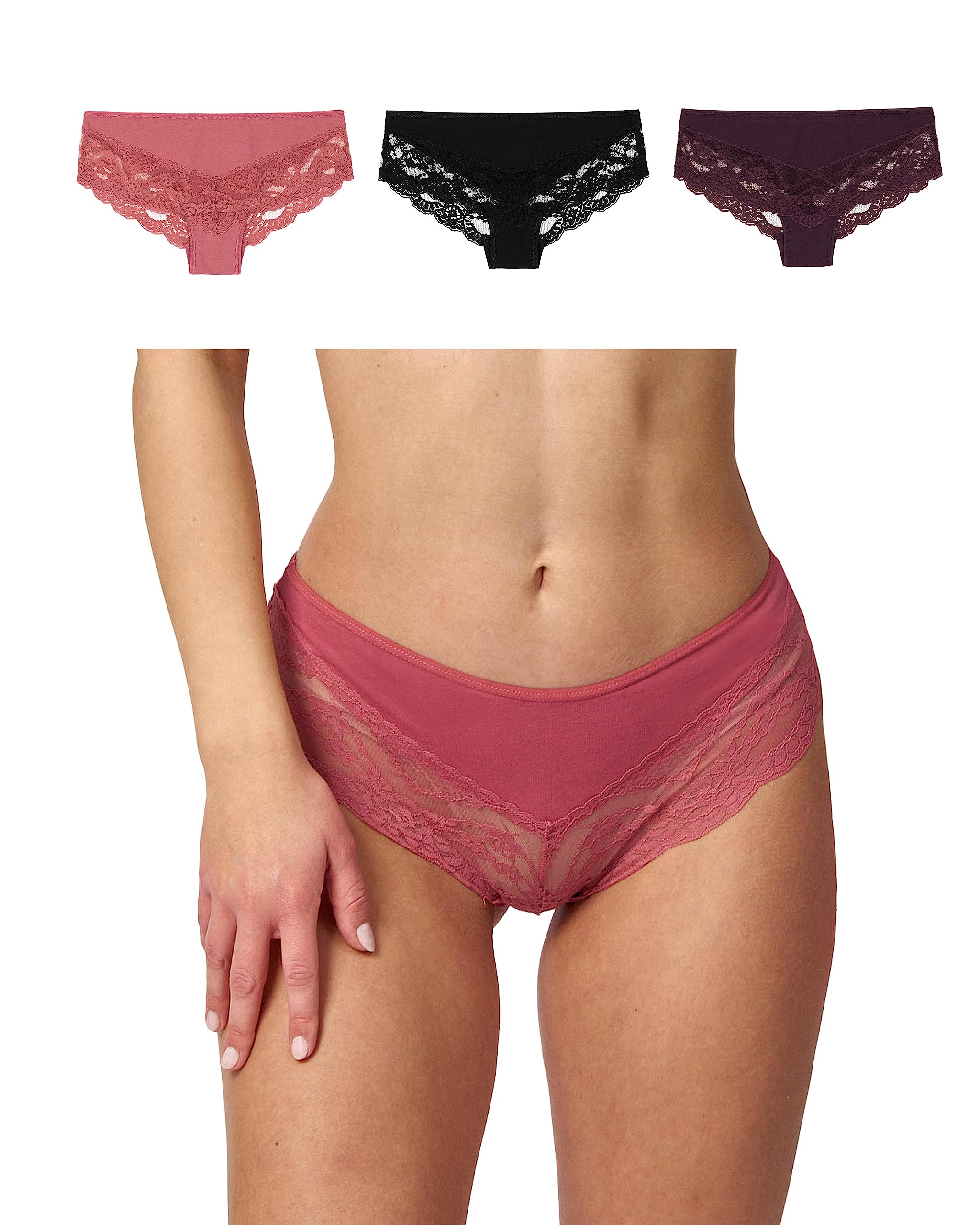 Snocks 3er Pack Hipster Damen mit Spitze aus Bio Baumwolle - Unterhose Damen Slip Gr. XS-XL