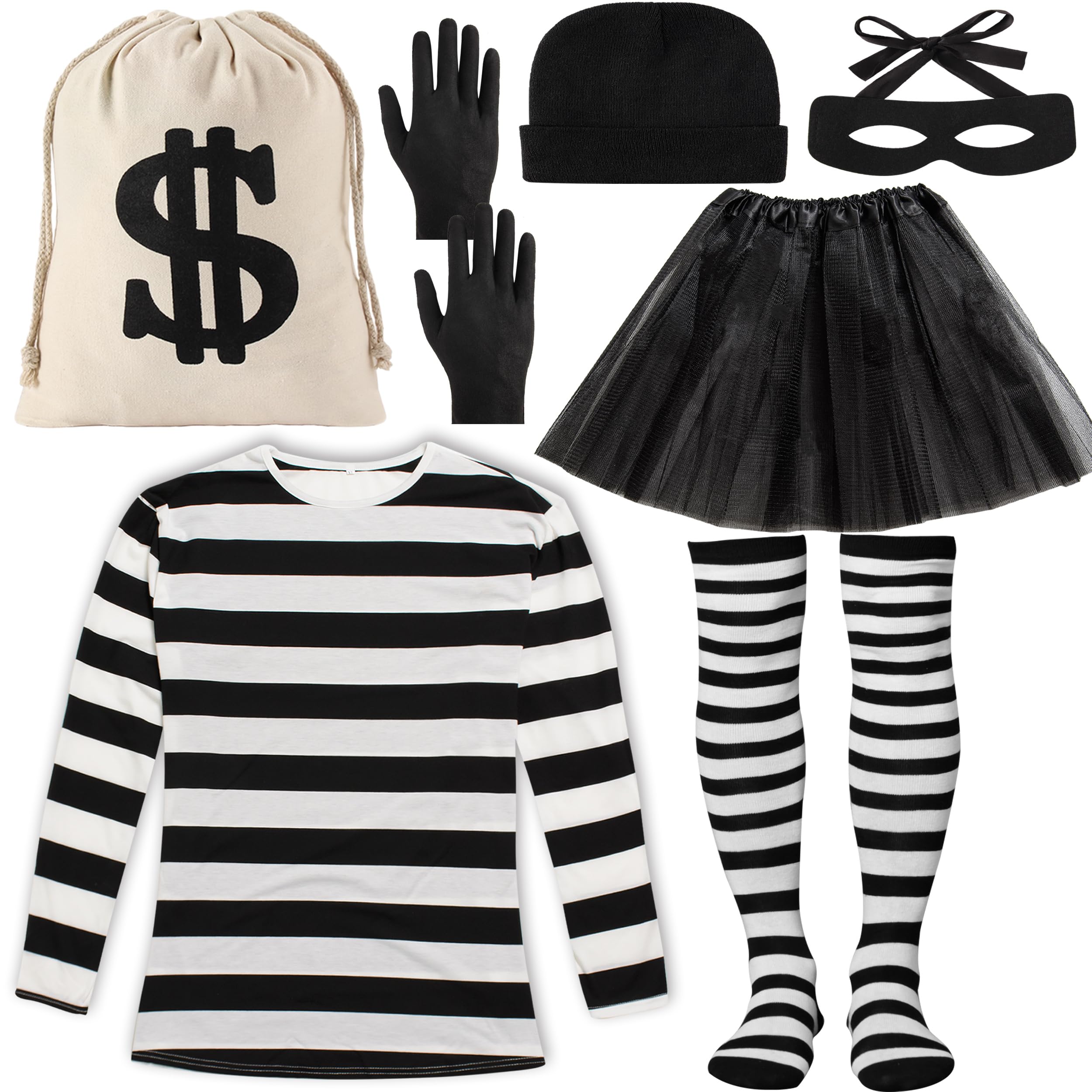 Peirich Robber Costume Set, Black & White Striped T-Shirt Socks, Tutu  Skirt, Canvas Dollar Sign