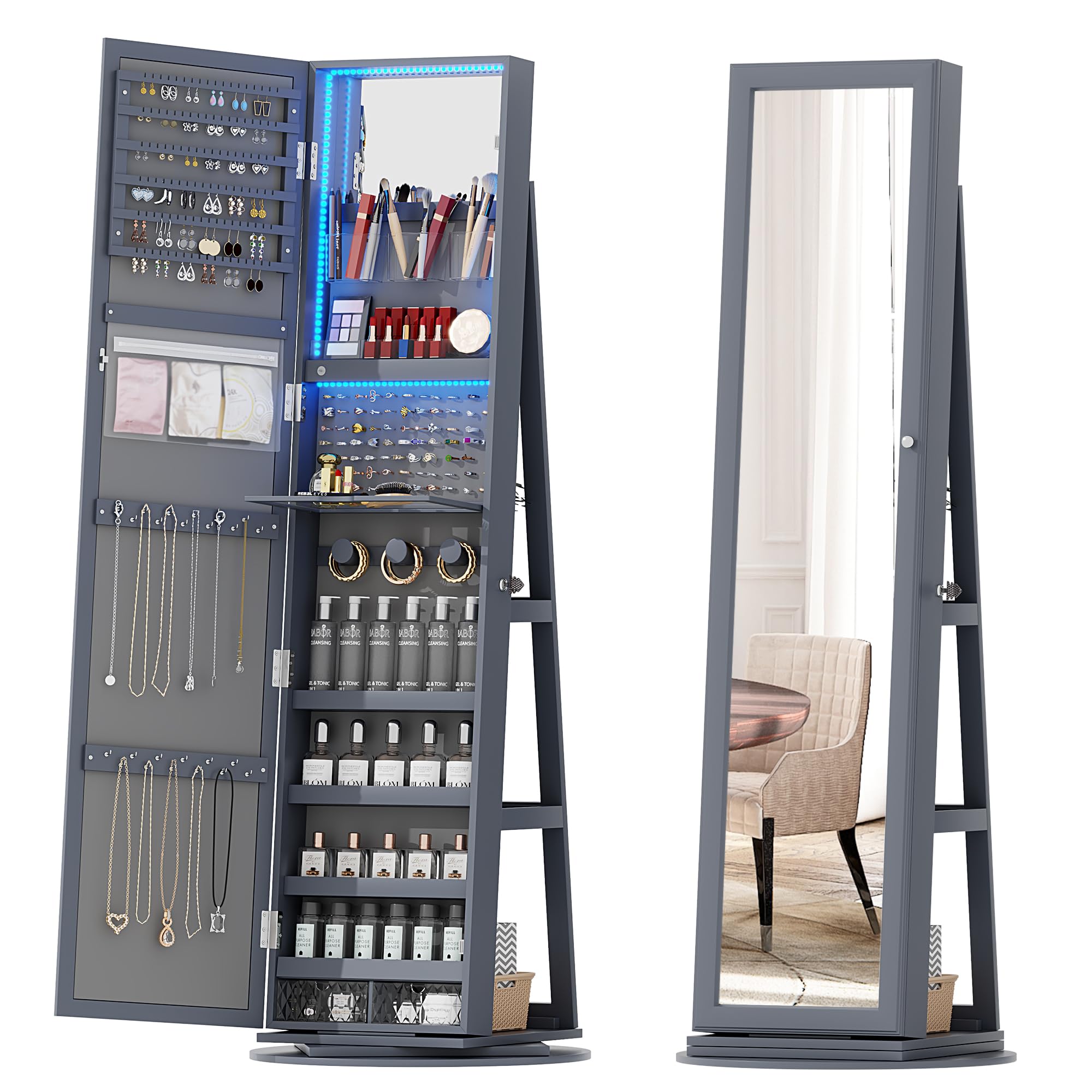 OUTDOOR DOIT 360° Rotating LED Jewelry Armoire with Lockable,3 Color Dimmable Full Length Mirror with Makeup Tray,Jewelry Organizer Cabinet with Back Storage Shelves