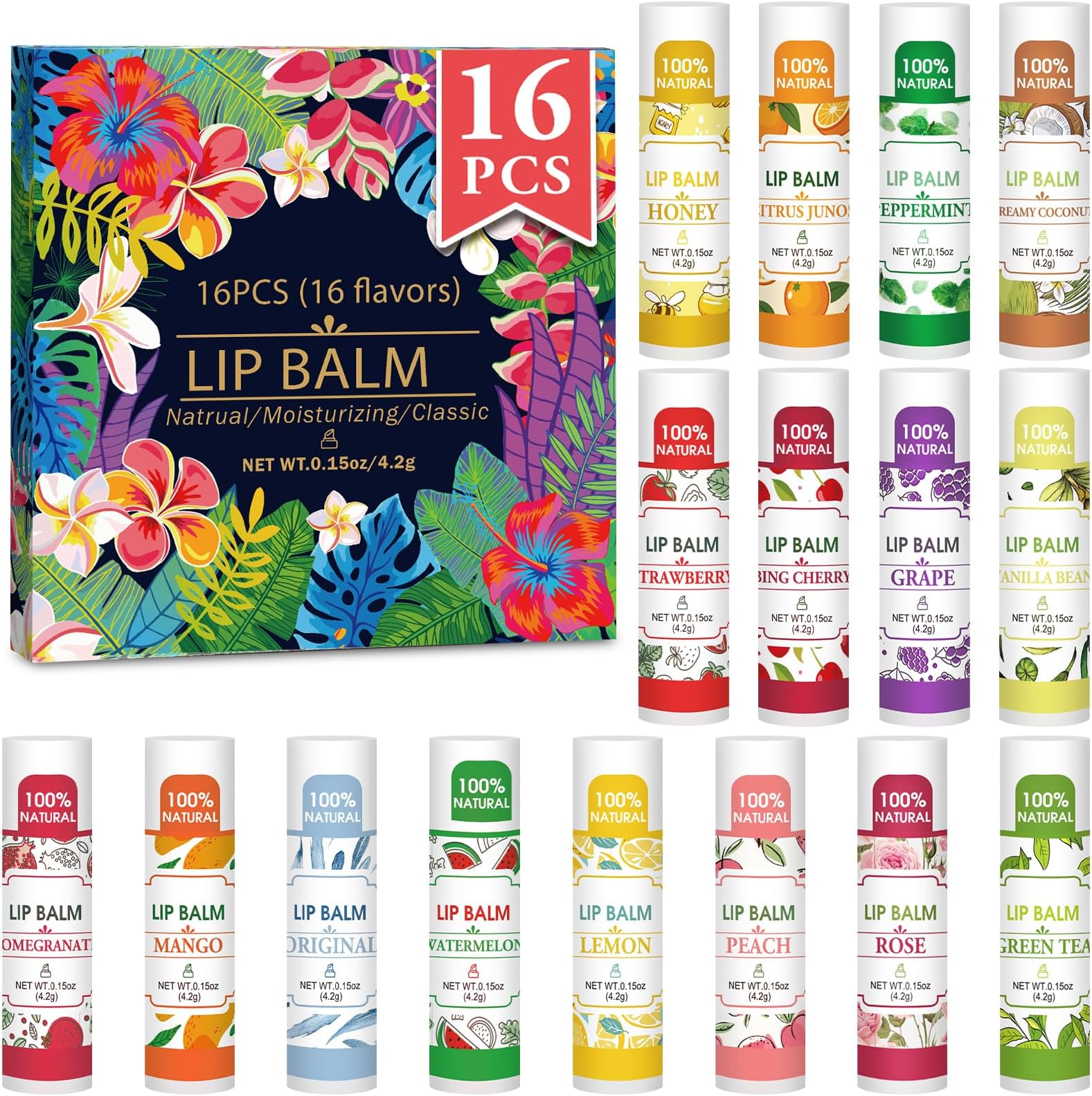 16 Pack Lip Balm, Natural Lip Balm Bulk with Vitamin E and Coconut Oil, Bulk Moisturizing Lip Balms for Dry Lips-16 Flavors