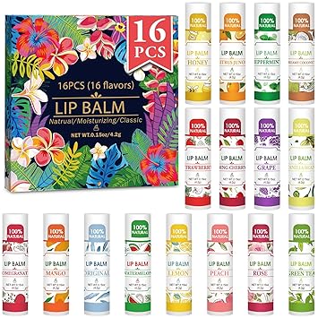 16 Pack Lip Balm, Natural Lip Balm Bulk with Vitamin E and Coconut Oil, Bulk Moisturizing Lip Balms for Dry Lips-16 Flavors