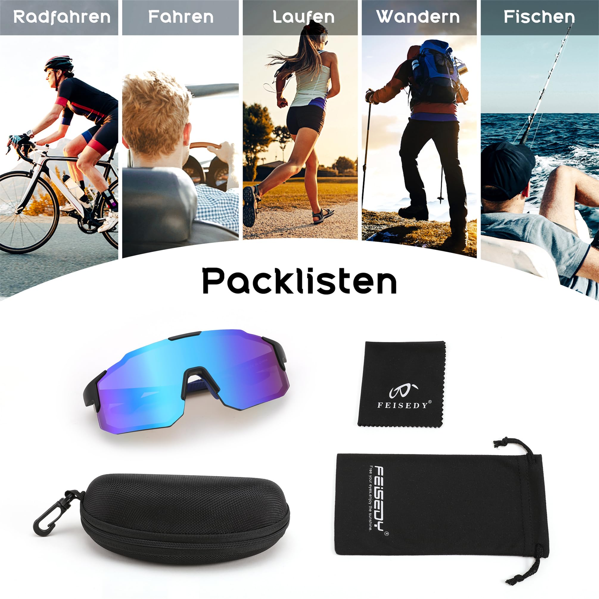 FEISEDY Sport Sonnenbrille Herren Damen Fahrradbrille Radbrille Verspiegelt Sportbrille für MTB Rennrad Radfahren Biking Laufen Enduro mit UV400 Schutz B2388