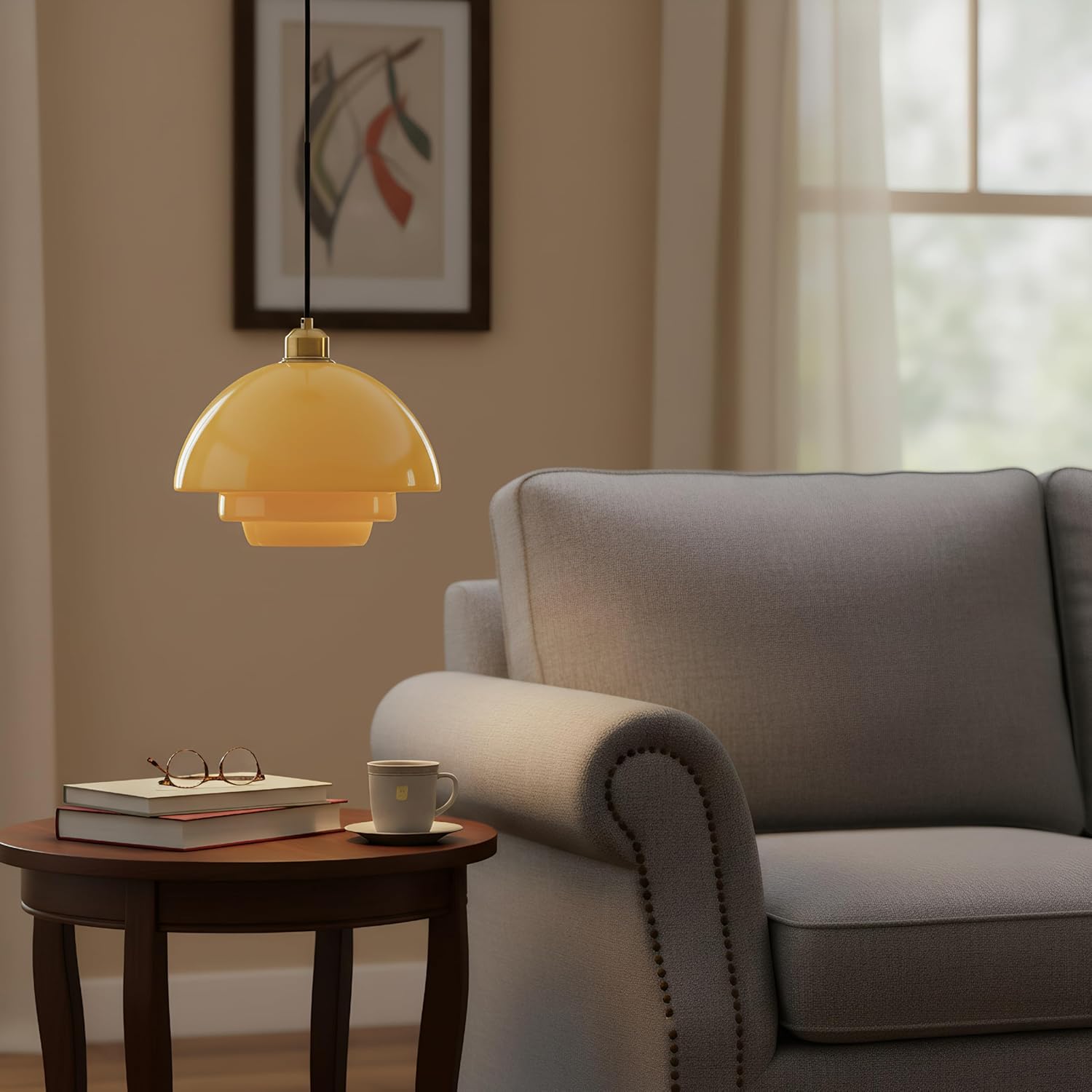 Mid-Century Milk Glass Pendant Light with Gold Metal Holder, Indoor Ceiling Hanging Lamp, E26 Farmhouse Modern Lighting for Kitchen Island, Dining, Living Room (Cream Yellow, B)
