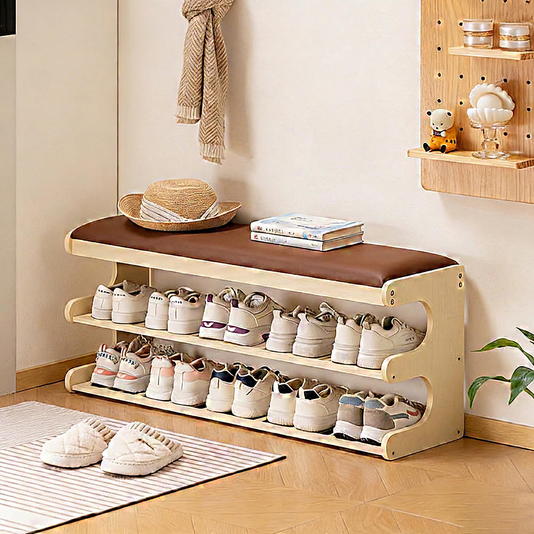 Banc de rangement à chaussures à 2 niveaux avec coussin amovible pour dressing