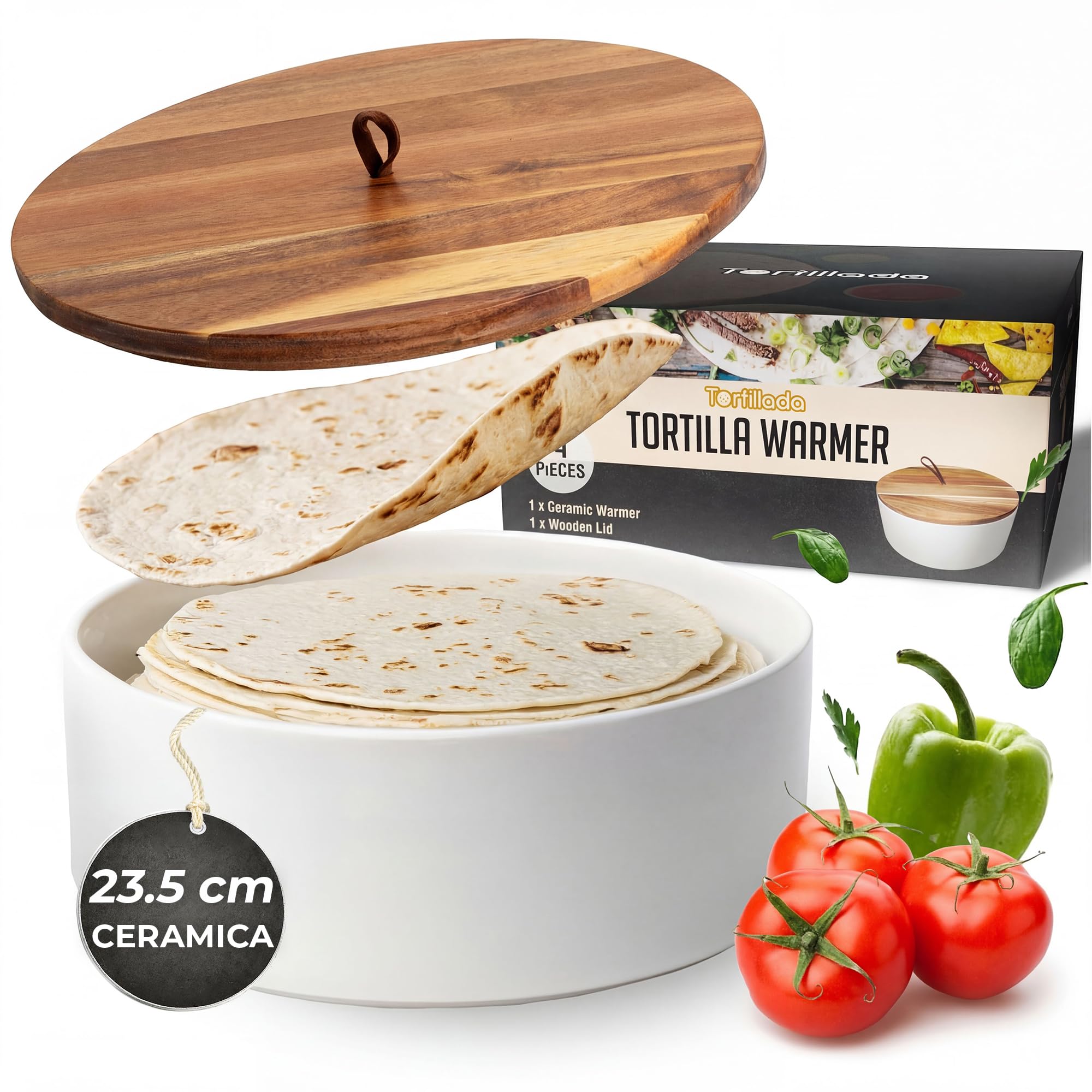 Tortillada - Scalda Tortilla in Ceramica con Coperchio 23,5 cm, Scalda Pane, Scalda Pancake, Porta Tortilla con Coperchio - Adatto al Microonde