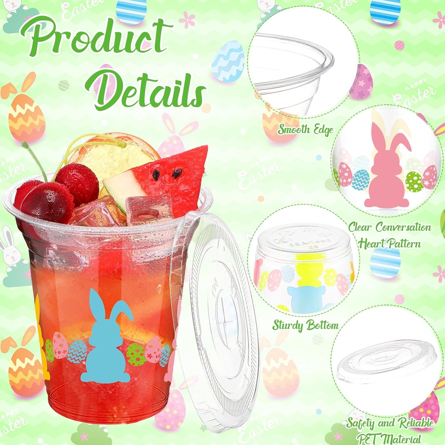 25 Pack Easter Bunny Plastic Cups with Lids and Paper Straws, 12 oz Colorful Bunny Egg Disposable Cup Spring Beverage Drinking Cup for Easter Bunny Party Favors Supplies Baby Show Decorations - Image 3