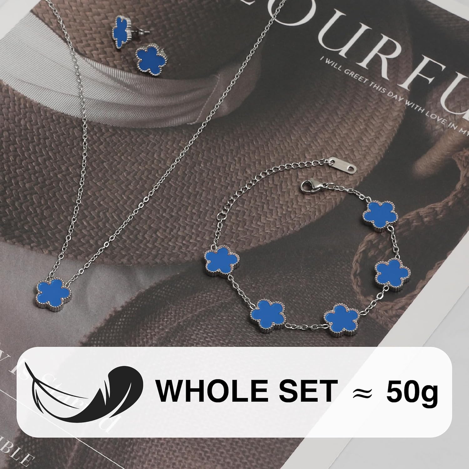 18K Gold Five Leaf Clover Jewelry Set - Complete Necklace Bracelet Earrings Gift Set for Women - Image 5