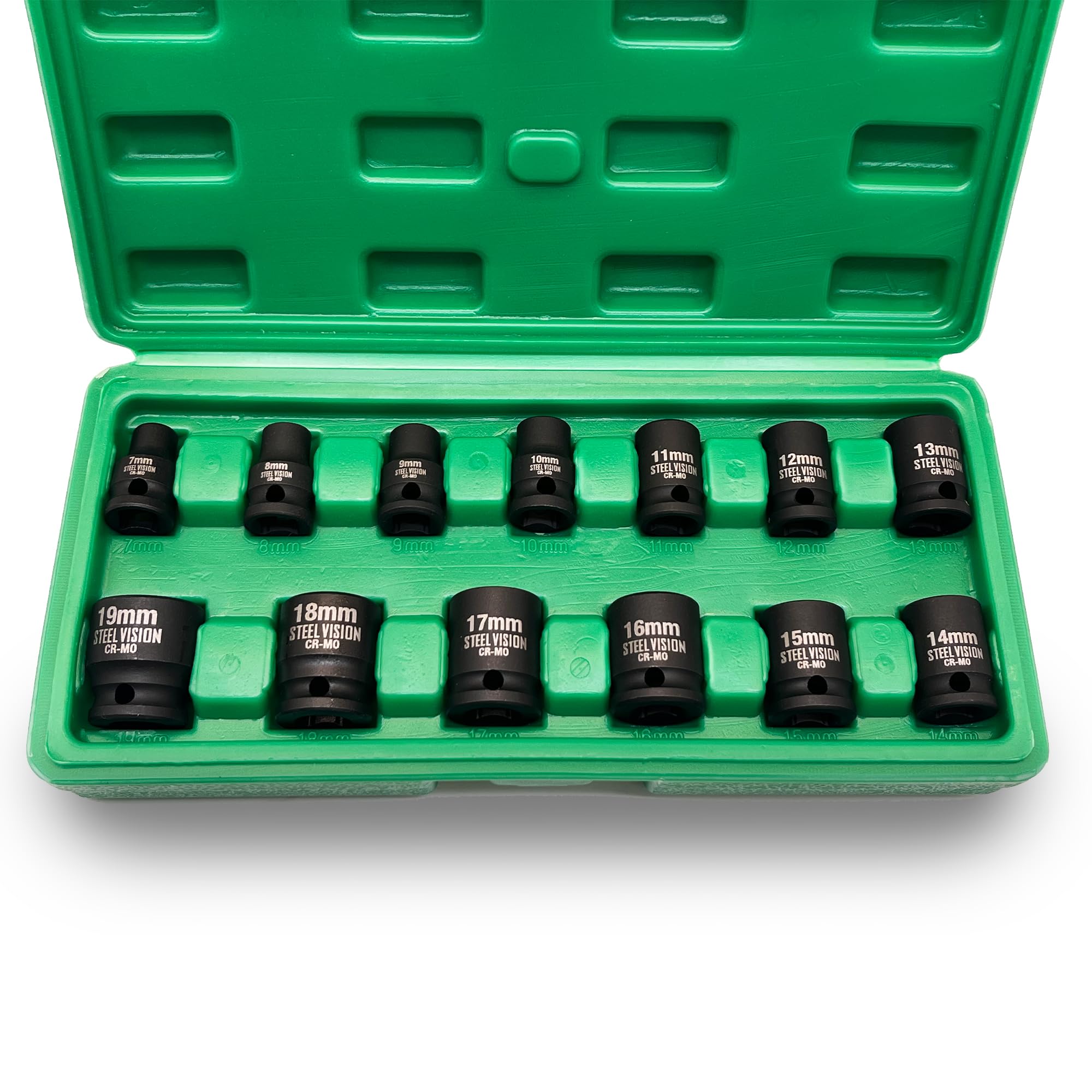 Steel Vision Tools 13 pieces 3/8 inch Drive Shallow Metric Impact Socket Set, 7mm to 19mm, CR-V, Metric, 6 Point, Shallow, 13 Pieces 3/8" Dr. Socket