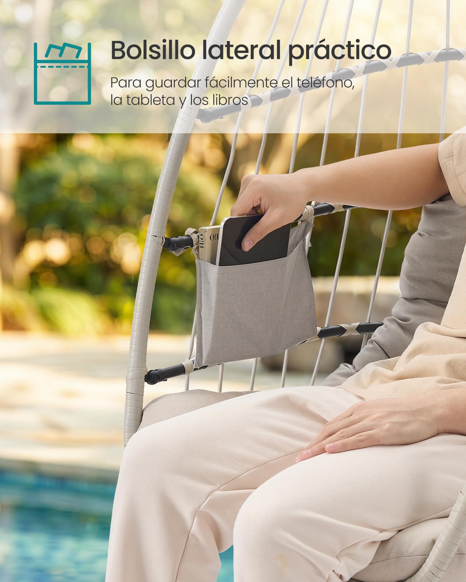 SONGMICS Silla Colgante de Exterior, Cesta Plegable, Sillón Hamaca Tipo Huevo, Altura Ajustable, Bolsillo Lateral, Asiento Acolchado, para Sala de Estar, Jardín y Balcón, Blanco GDC050WZ01