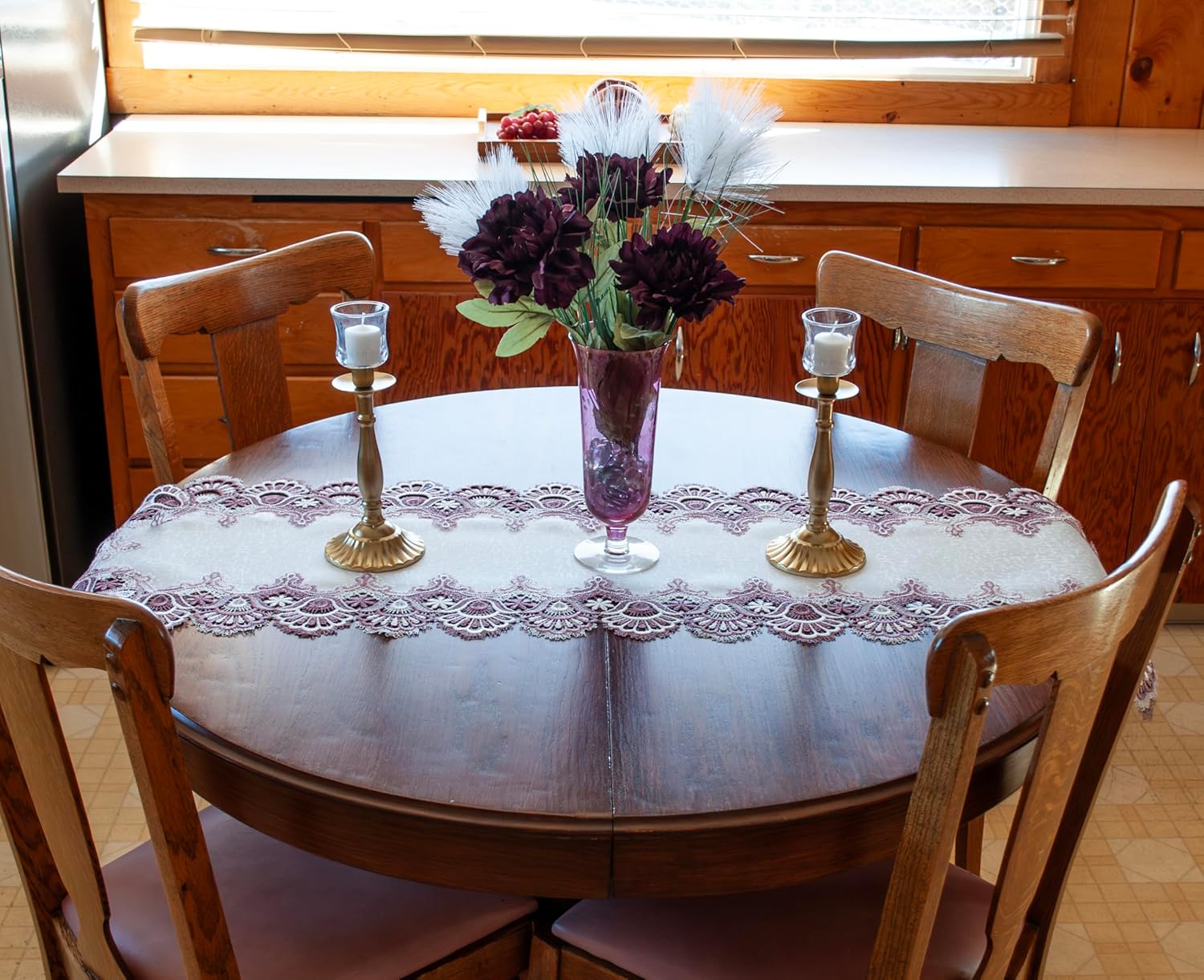 Mauve Rose Jacquard Peacock Tail European Lace Table Runner, Dresser Scarf (16Wx53L)