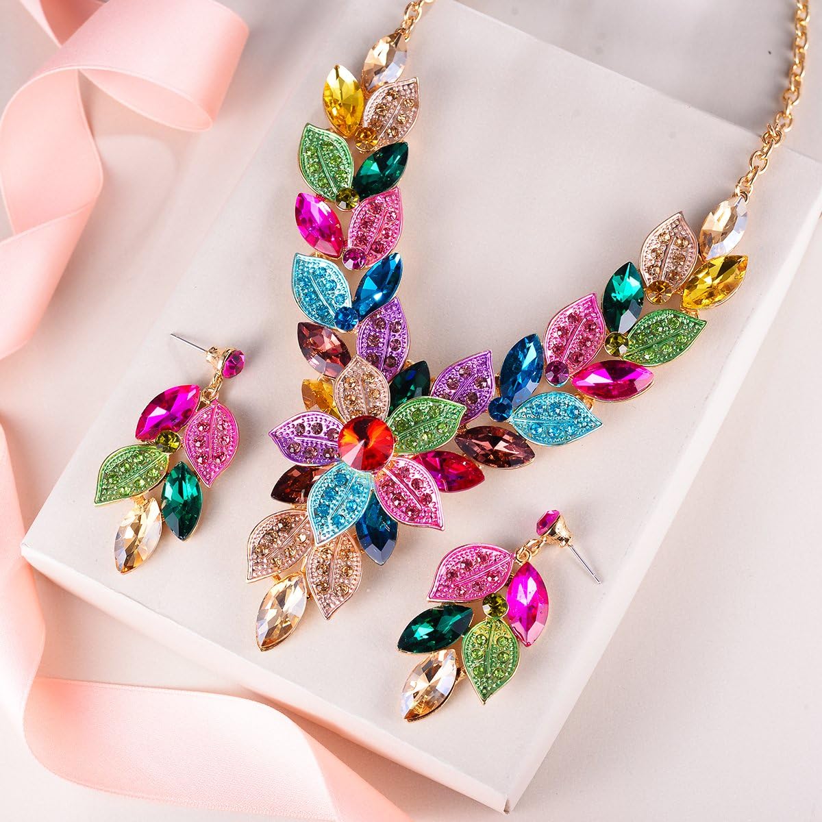 EVER FAITH Women's Crystal Elegant Bridal Cluster Flower Leaf Drop Necklace Earrings Set - Image 4