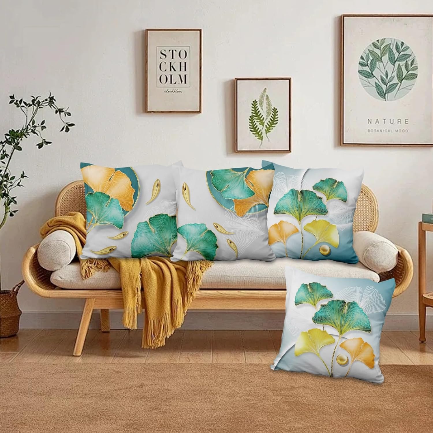 4 Pcs/Set Autumn Leaves Pillow Covers Gold Blue Ginkgo Leaf Leaf Texture Plants Gradient Color Linen Throw Pillow Covers for Home Outdoor Couch Sofa Farmhouse Bedroom Decor, 24"x24"