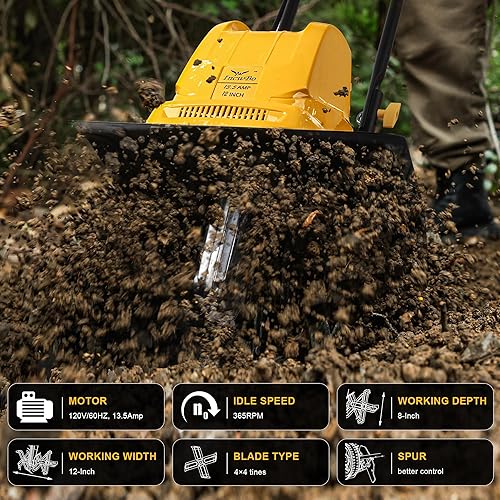 Miniatura 2 de Cultivadorcultivador eléctrico, 4 púas de acero, 8 pulgadas de profundidad de labranza para jardinería, 13.5 amperios y 12 pulgadas con cable
