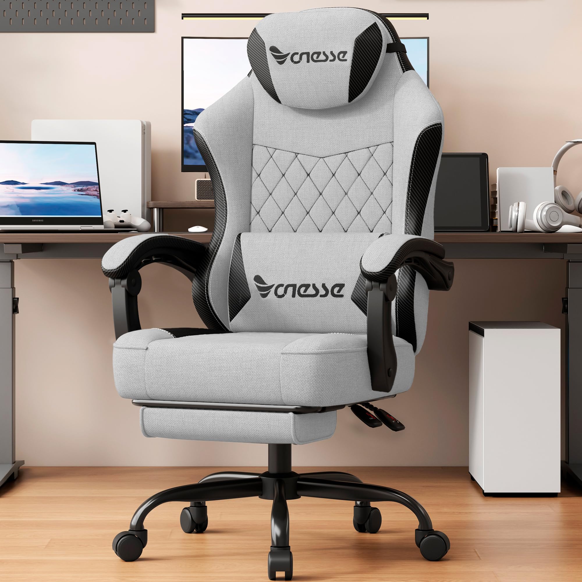 Vonesse Gaming Chair, Desk Chair with Linen Breathable Mesh Fabric, Office Chair with Adjustable Lumbar Support, Computer Chairs with Footrest and Headrest (Light Gray)