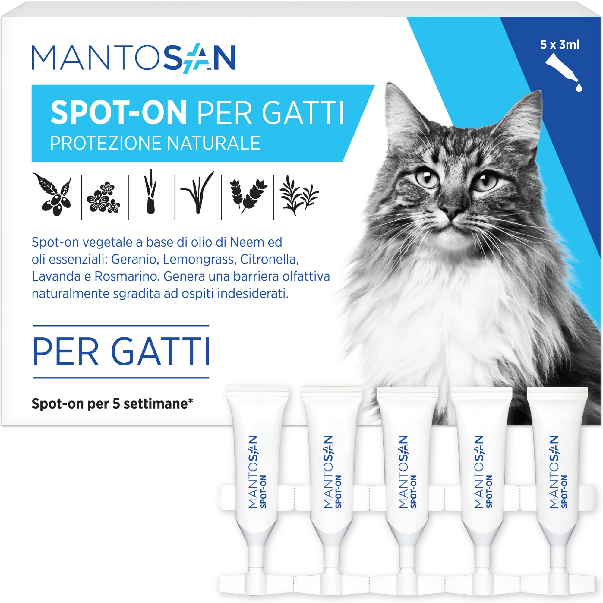 Mantosan Spot-On Vegetale per Gatti 5 Pipette da 3ml Protezione Naturale con Olio di Neem Ozonizzato e Oli essenziali di Geranio, Citronella, Lemongrass, Lavanda e Rosmarino - Nuova Formula
