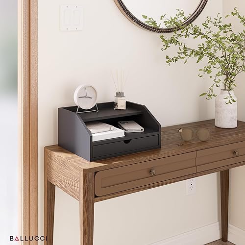 Miniatura 6 de Ballucci Organizador de escritorio con cajón, organizador de escritorio de papel de 2 niveles, 13 25 x 9 35 x 6 pulgadas, negro