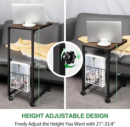 Miniatura 5 de Mesa auxiliar en forma de C con ruedas para espacios pequeños, mesa C de altura ajustable, sofá, portátil, mesas de aperitivos que se deslizan