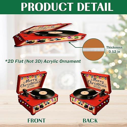 Miniatura 4 de GEEMBI Adorno de tocadiscos  Adornos acrílicos de Navidad 2025  Adornos de Navidad retro para árbol, regalos de música para mujeres y hombres,