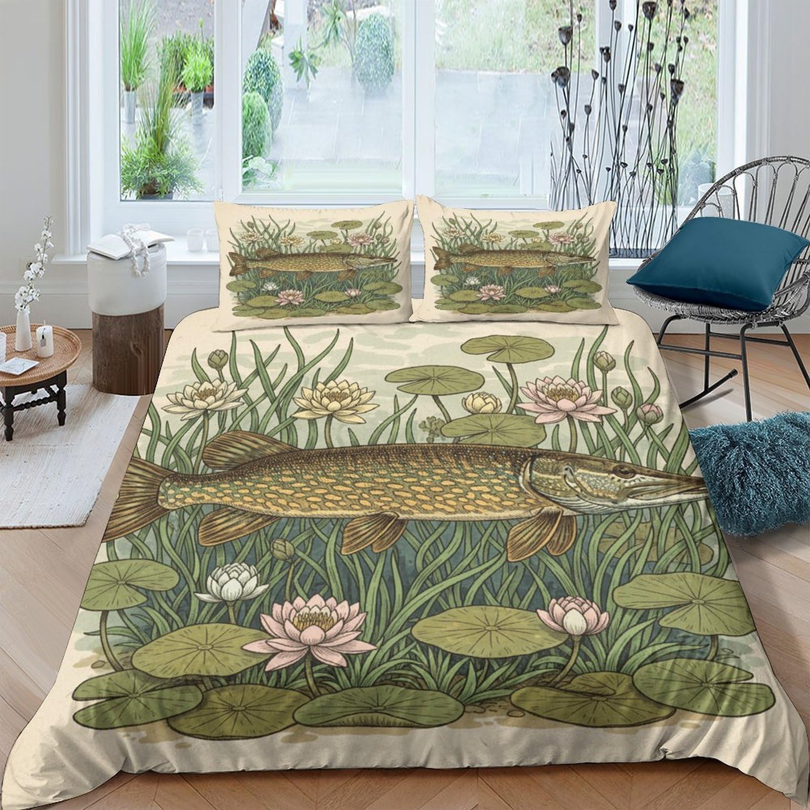 GPLZQXKJNH 3D Printed Water Lily Pond Duvet Cover Microfiber Soft Breathable Lotus Bedding Set with 2 Pillowcases for Bedroom Decor Single（135x200cm）