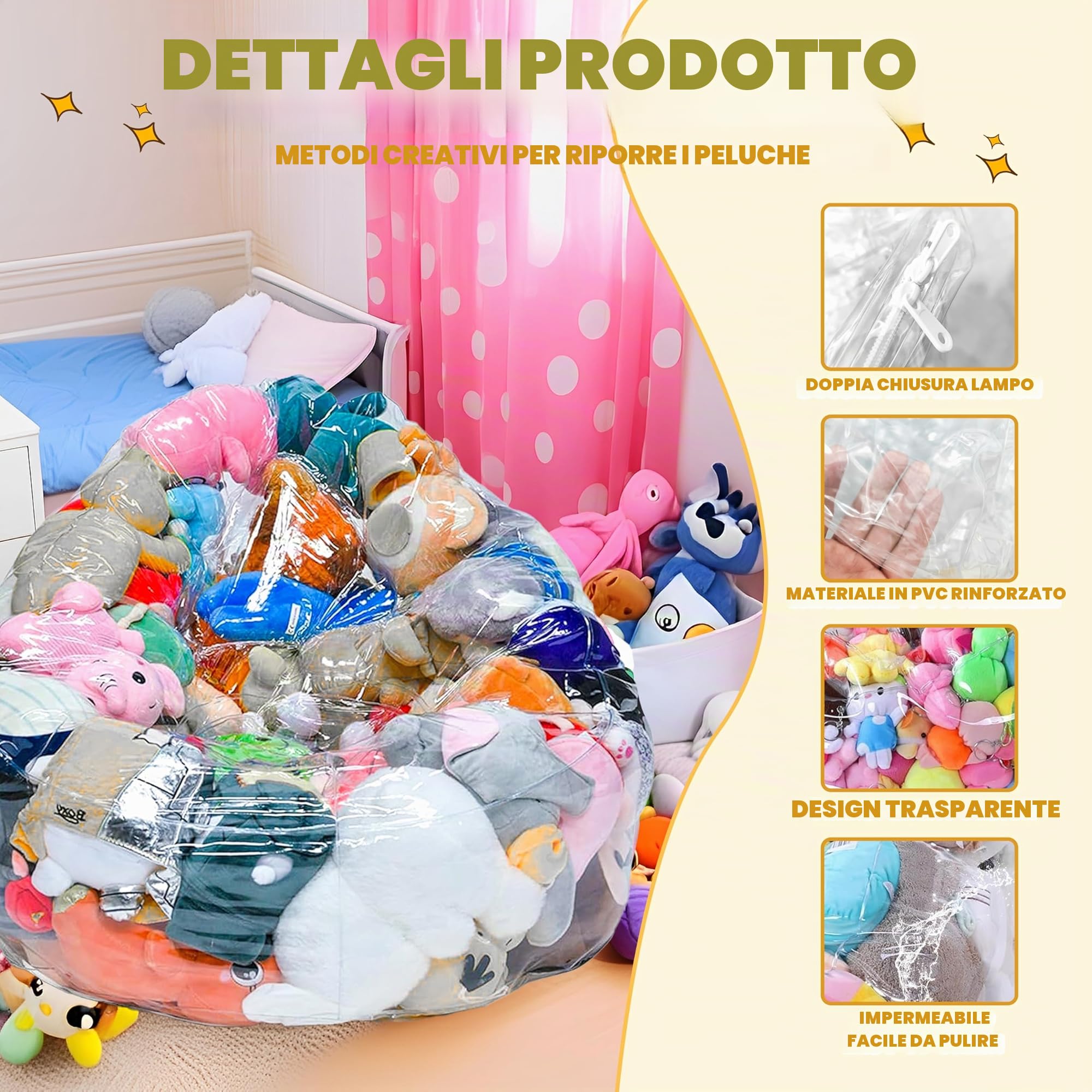 Pouf per animali di peluche, 150 l, trasparente, extra large, organizer impermeabile, facile da pulire (solo copertura, imbottitura non inclusa)