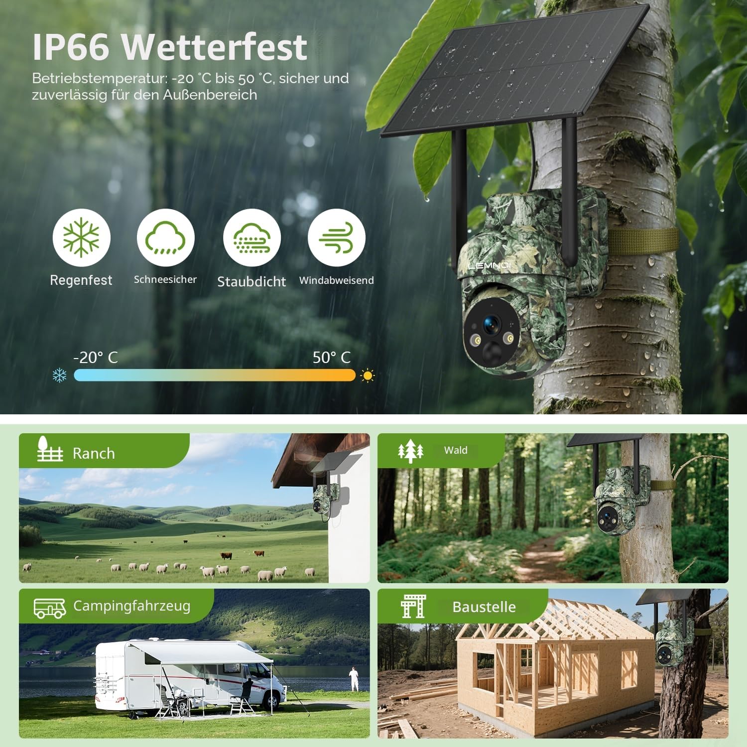 Lemnoi 4G Solar Wildkamera mit SIM Karte, 2K-Auflösung, IP66 Wasserdicht
