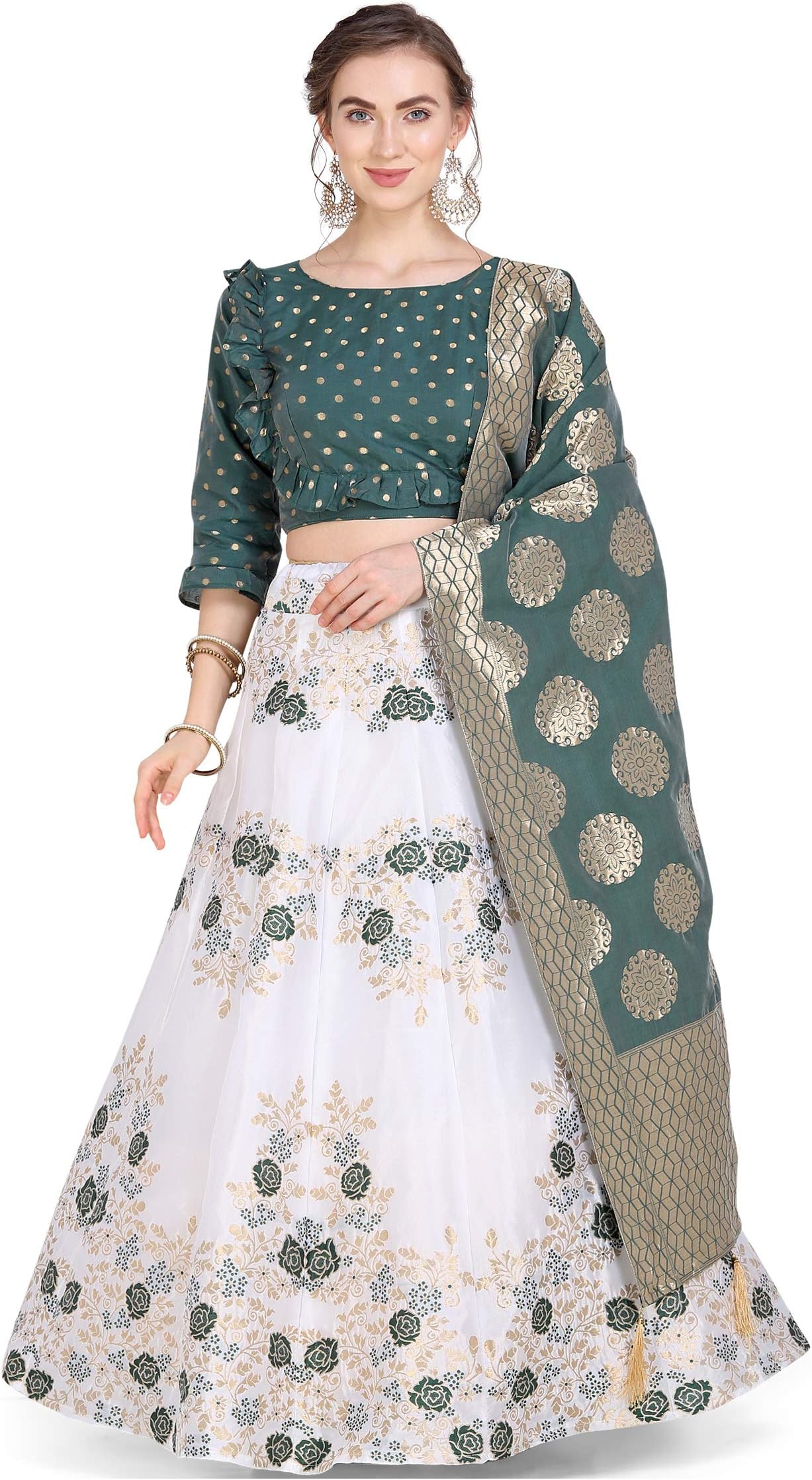 PURVAJAWomen's Silk Blend Lehenga Choli (Green1-Greeva_Green_Free Size), Green, One Size