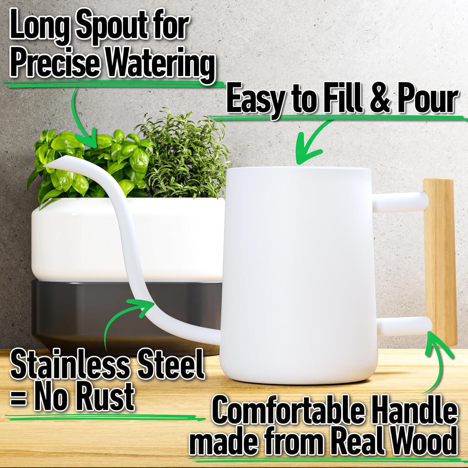 35 oz metal small indoor watering can with long spout & real wood handle for house plants, succulents, cacti & seedlings - white long spout watering can indoor plants - stylish, gentle flow, no spills