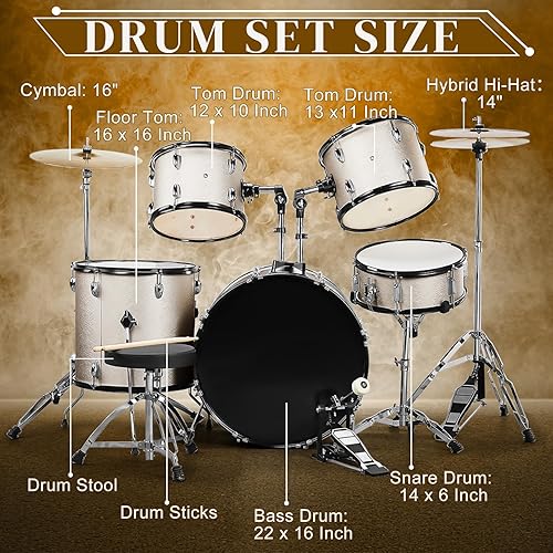 Vista 12 de Ktaxon Juego de batería para adultos de 22 pulgadas, kit de 5 piezas de tamaño completo con soportes de platillo, soporte de sombrero, palos, pedal