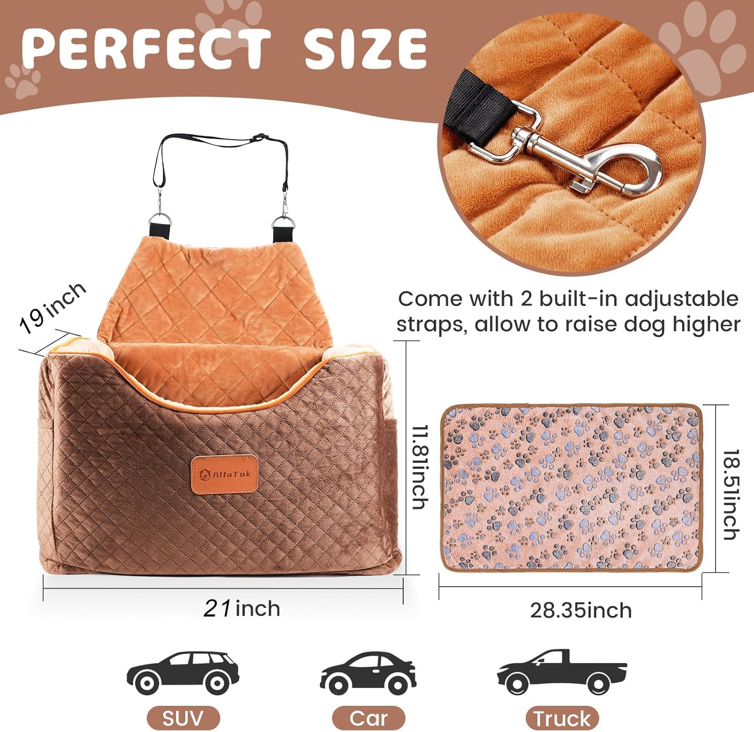 MegiaExist Memory Foam Booster Hundeautositz mit waschbarem, abnehmbarem Bezug, erhöhter Haustier-Autositz, rutschfest, stabile Hundeerhöhungssitze für kleine Hunde 11,3 kg, Hunde-Sicherheitsgurt, Au