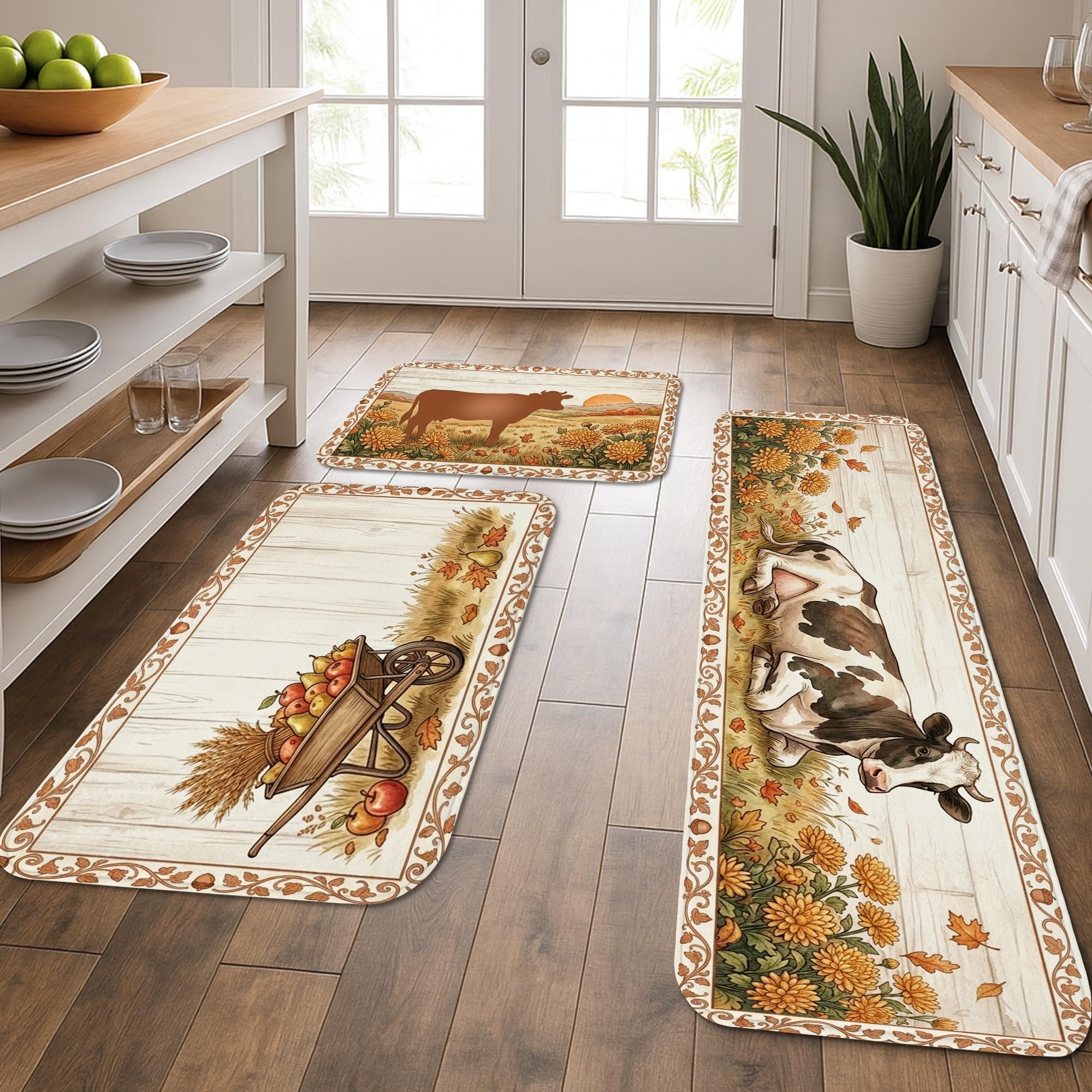 Tapis de cuisine vache lot de 3 marron pour lavabo