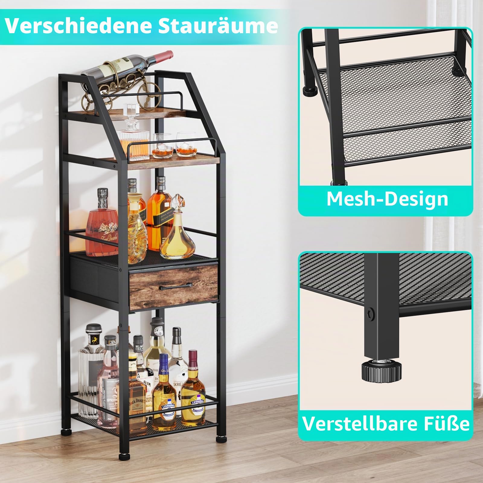 HapiRm Weinregal Freistehend Weinflaschenregal Flaschenregal - 4-stöckiger Stufenlikör Flaschenständer für Zuhause mit Stoffschublade, Wein & Glas Organizer für Bar, Wohnzimmer, Küche oder Esszimmer