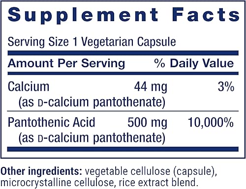 Miniatura 3 de Life Extension Ácido pantoténico, 500 mg, vitamina B5, calcio, apoya el metabolismo saludable, producción de energía mitocondrial, sin gluten, sin