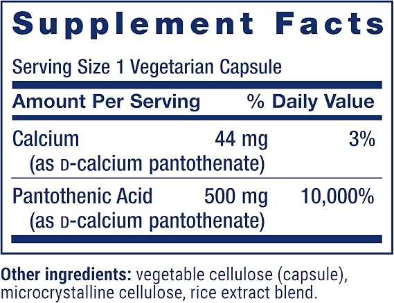 Life Extension Pantothenic Acid, 500 mg, Vitamin B5, Calcium, Support Healthy Metabolism, Mitochondrial Energy Production, Gluten-Free, Non-GMO, Vegetarian, 100 Capsules