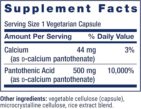 Life Extension Pantothenic Acid, 500 mg, Vitamin B5, Calcium, Support Healthy Metabolism, Mitochondrial Energy Production, Gluten-Free, Non-GMO, Vegetarian, 100 Capsules